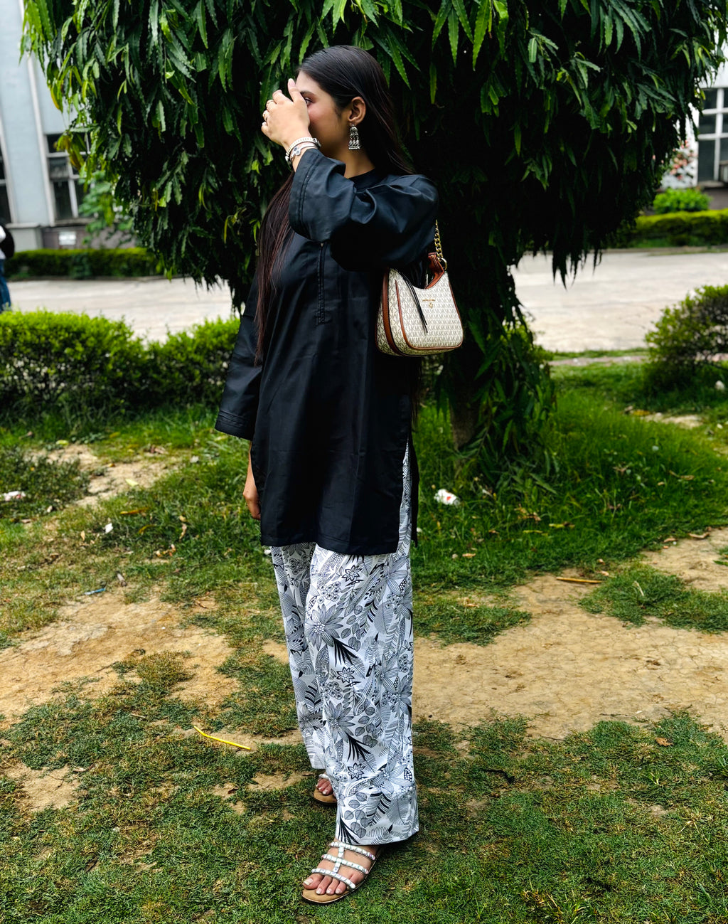 Black Kurta with Printed Farsi Salwar Set