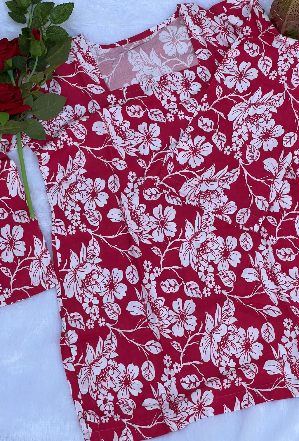 Crimson Pink Floral Printed Short Kurti