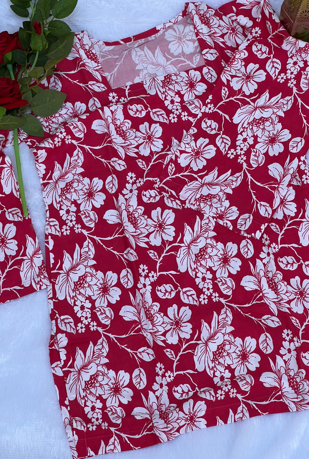 Crimson Pink Floral Printed Short Kurti