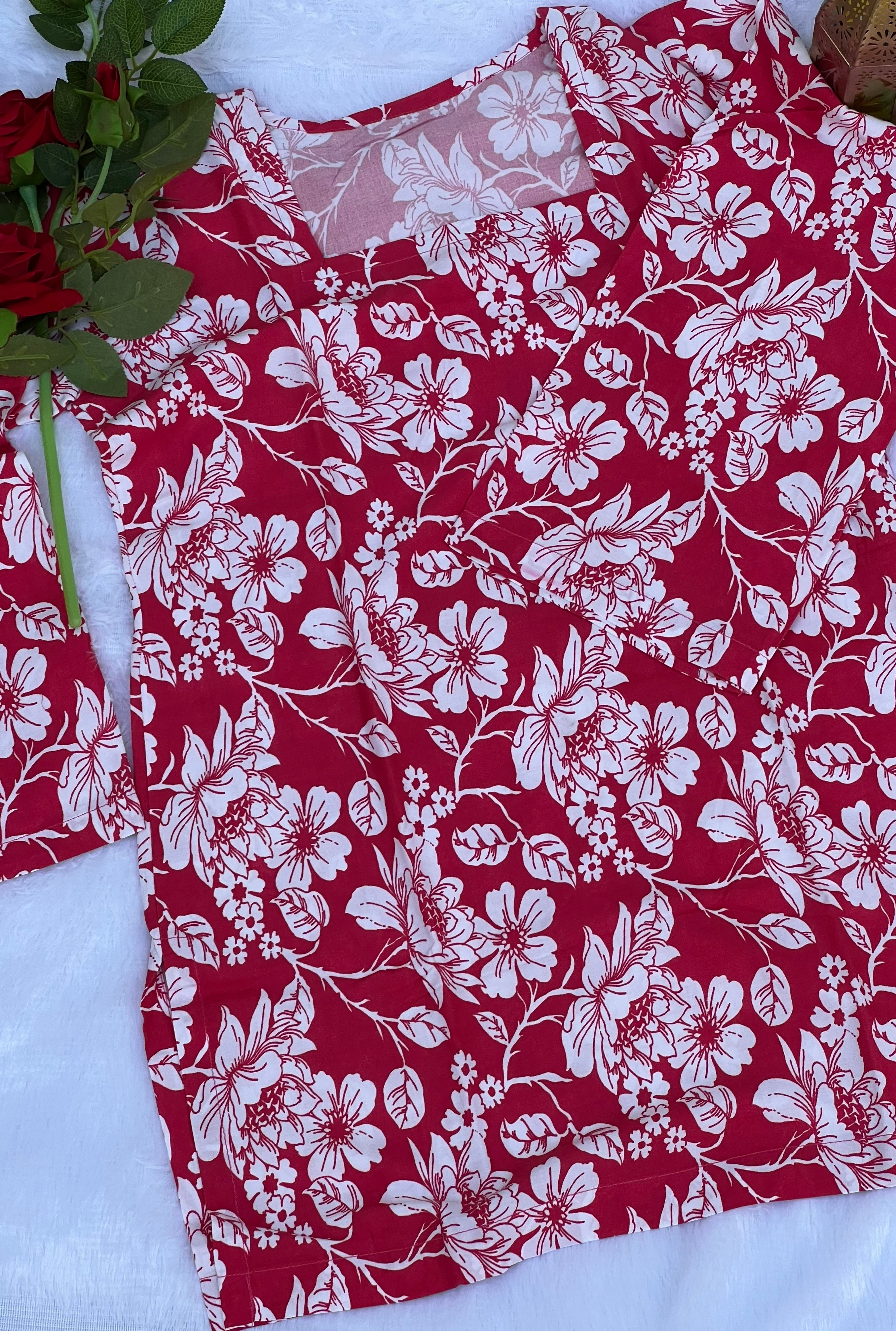 Crimson Pink Floral Printed Short Kurti
