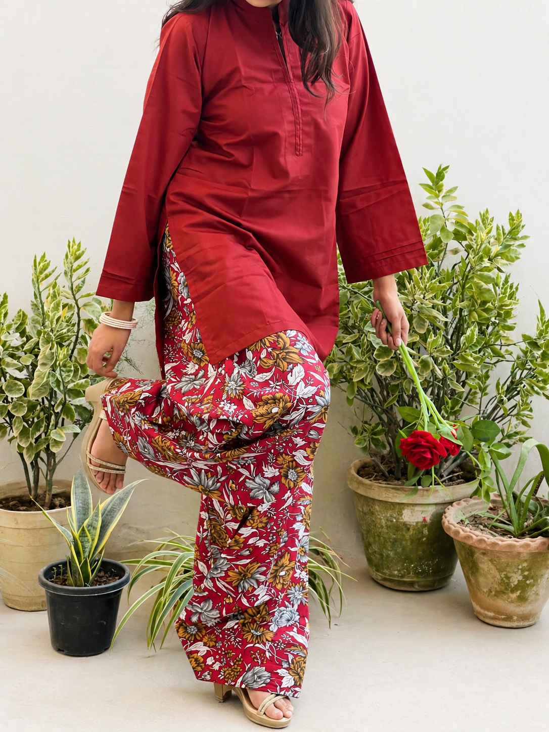 Maroon Kurta with Floral Printed Farsi Salwar Set
