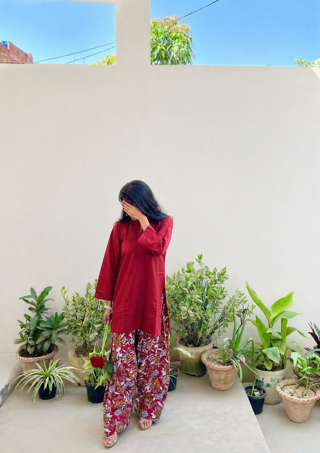 Maroon Kurta with Floral Printed Farsi Salwar Set
