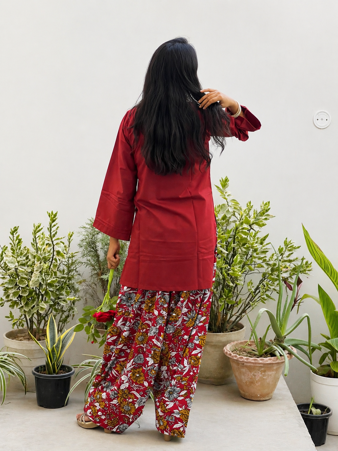 Maroon Kurta with Floral Printed Farsi Salwar Set