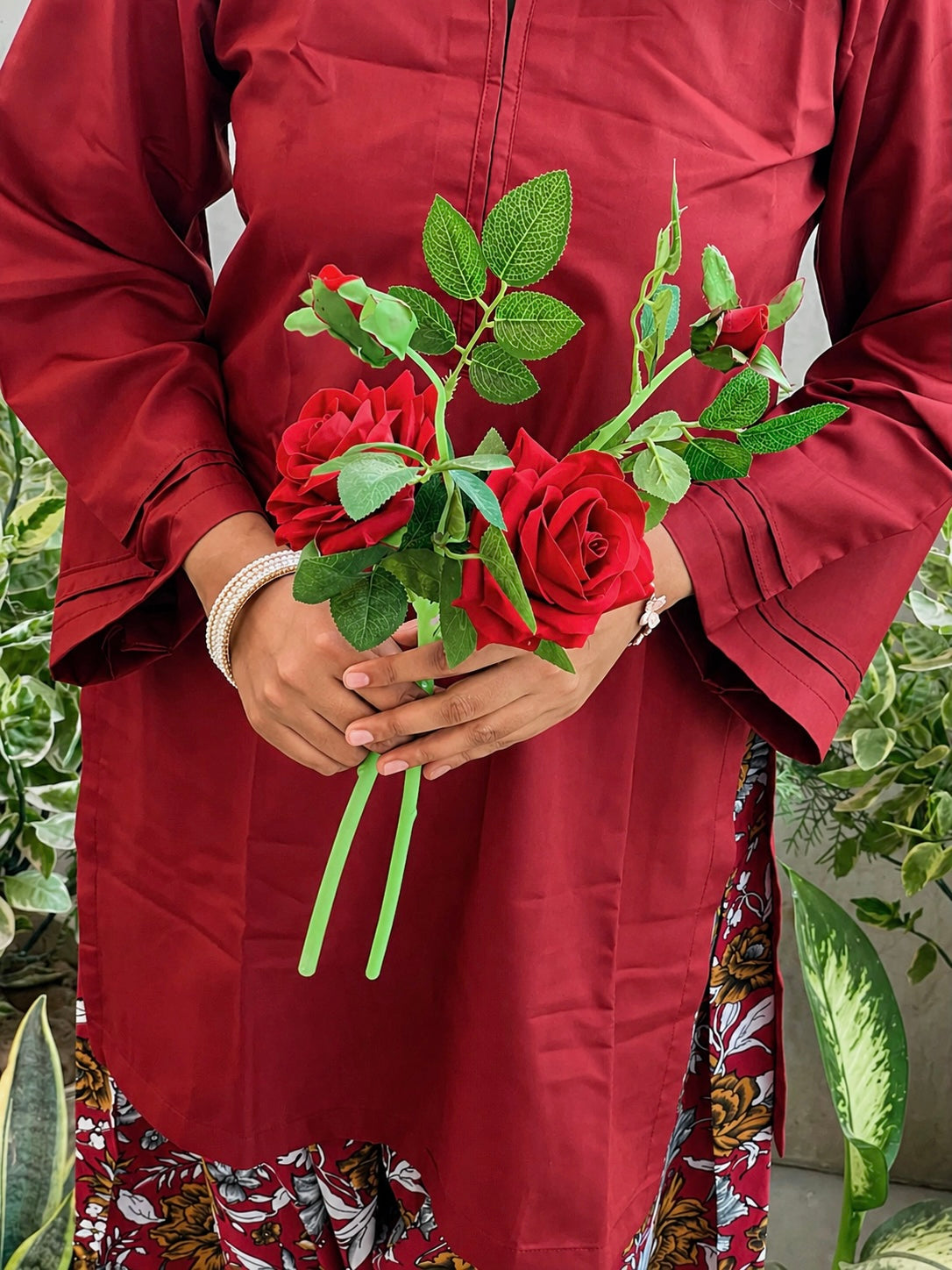 Maroon Kurta with Floral Printed Farsi Salwar Set