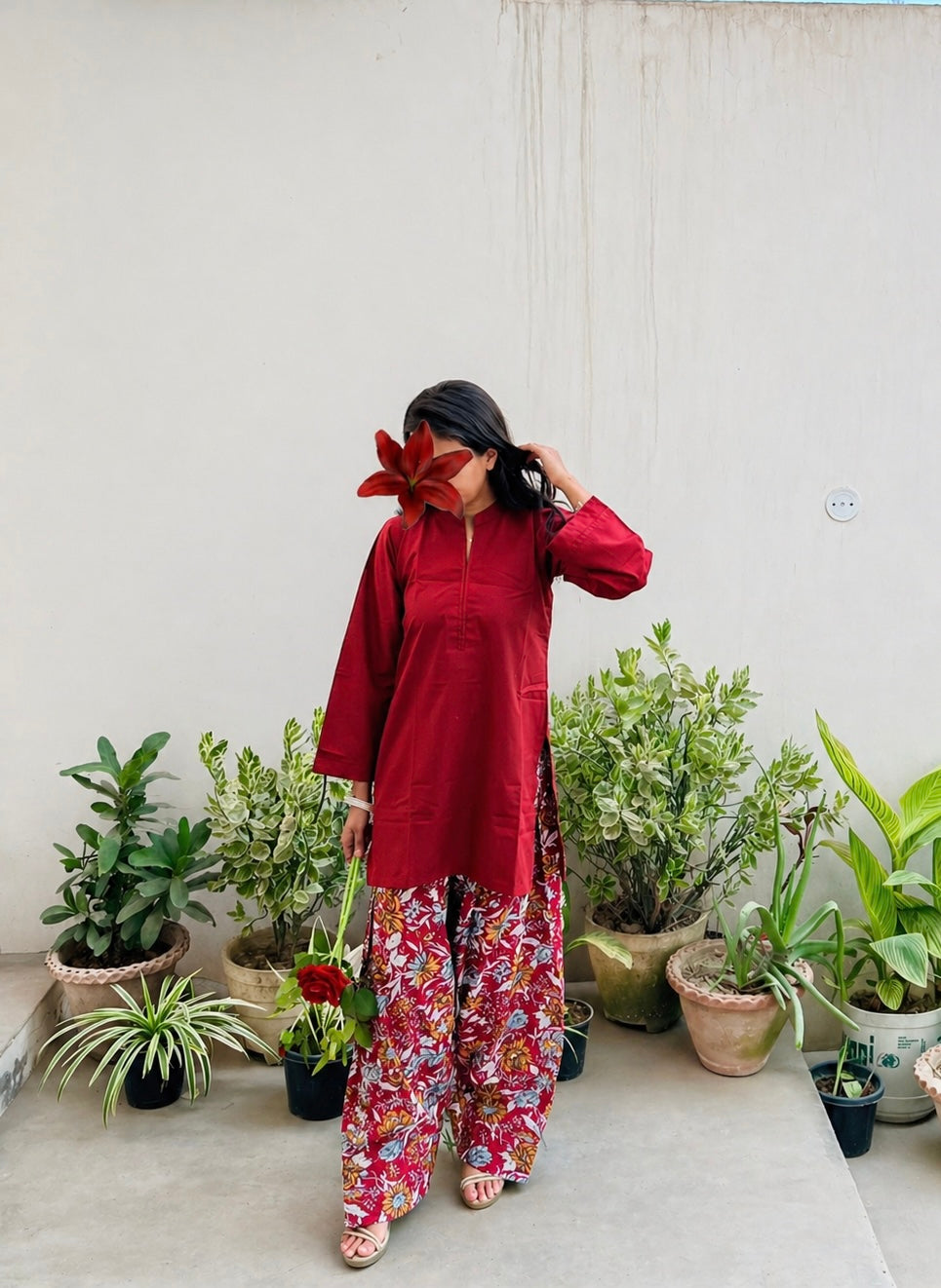 Maroon Kurta with Floral Printed Farsi Salwar Set
