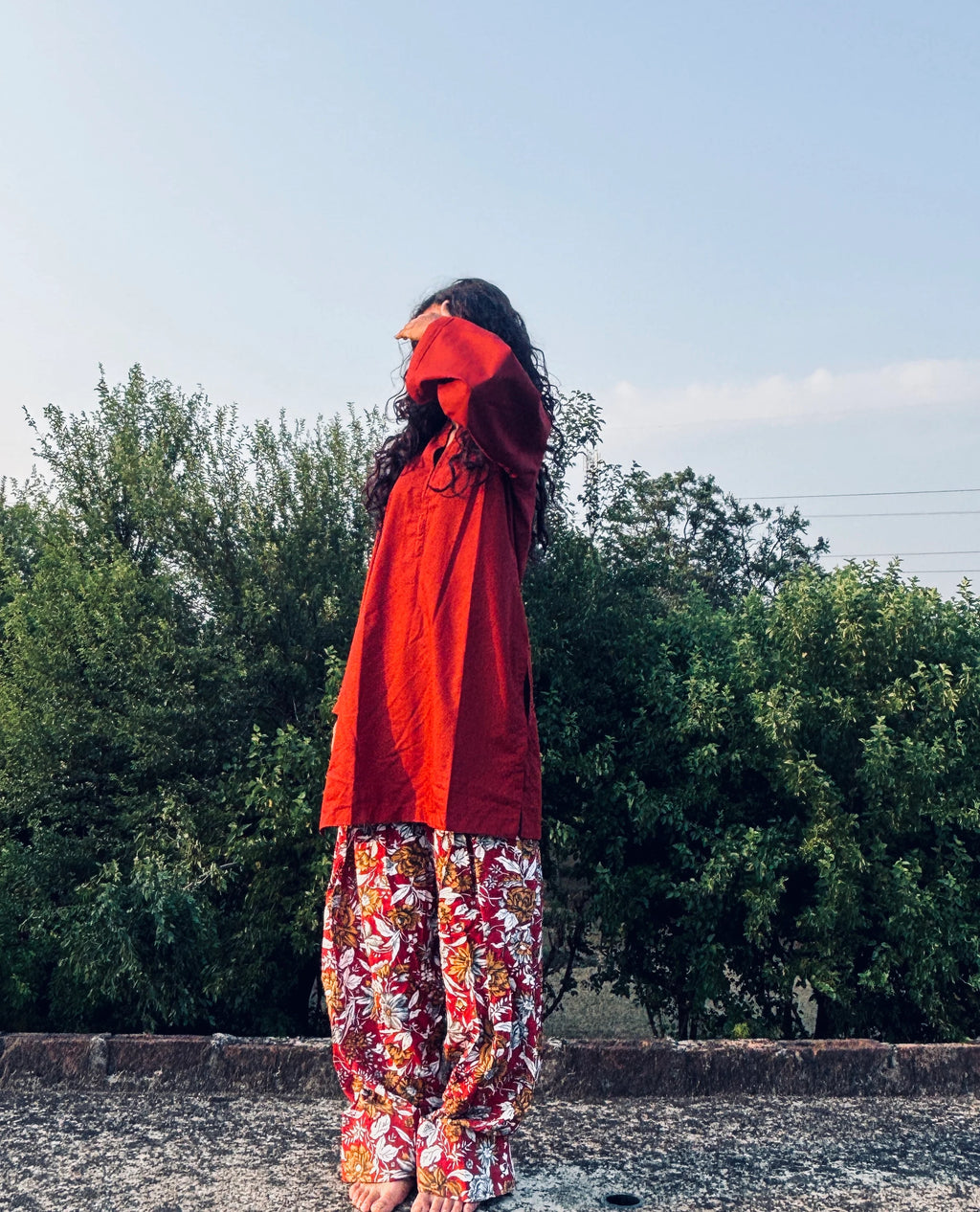 Maroon Kurta with Floral Printed Farsi Salwar Set