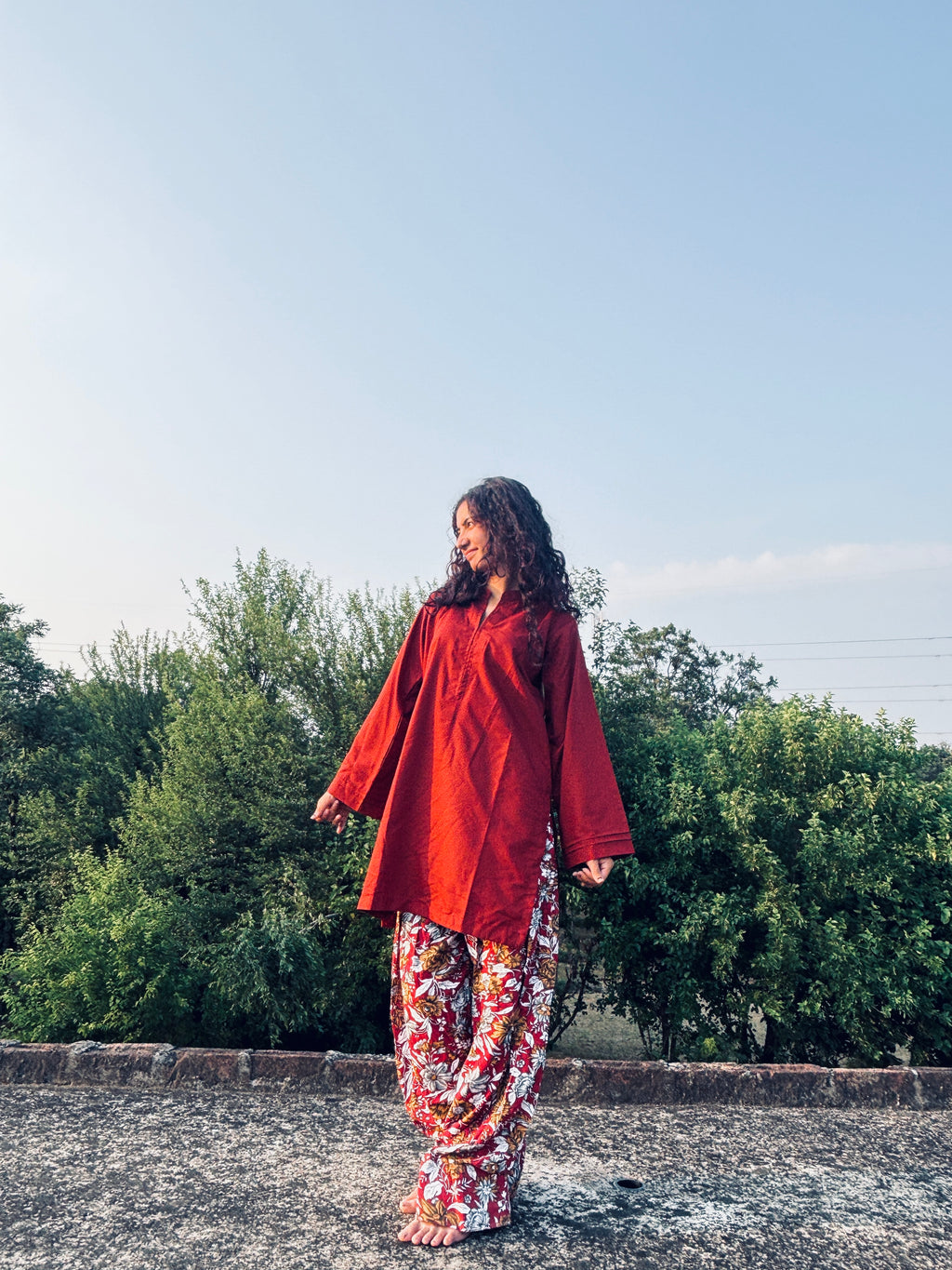 Maroon Kurta with Floral Printed Farsi Salwar Set