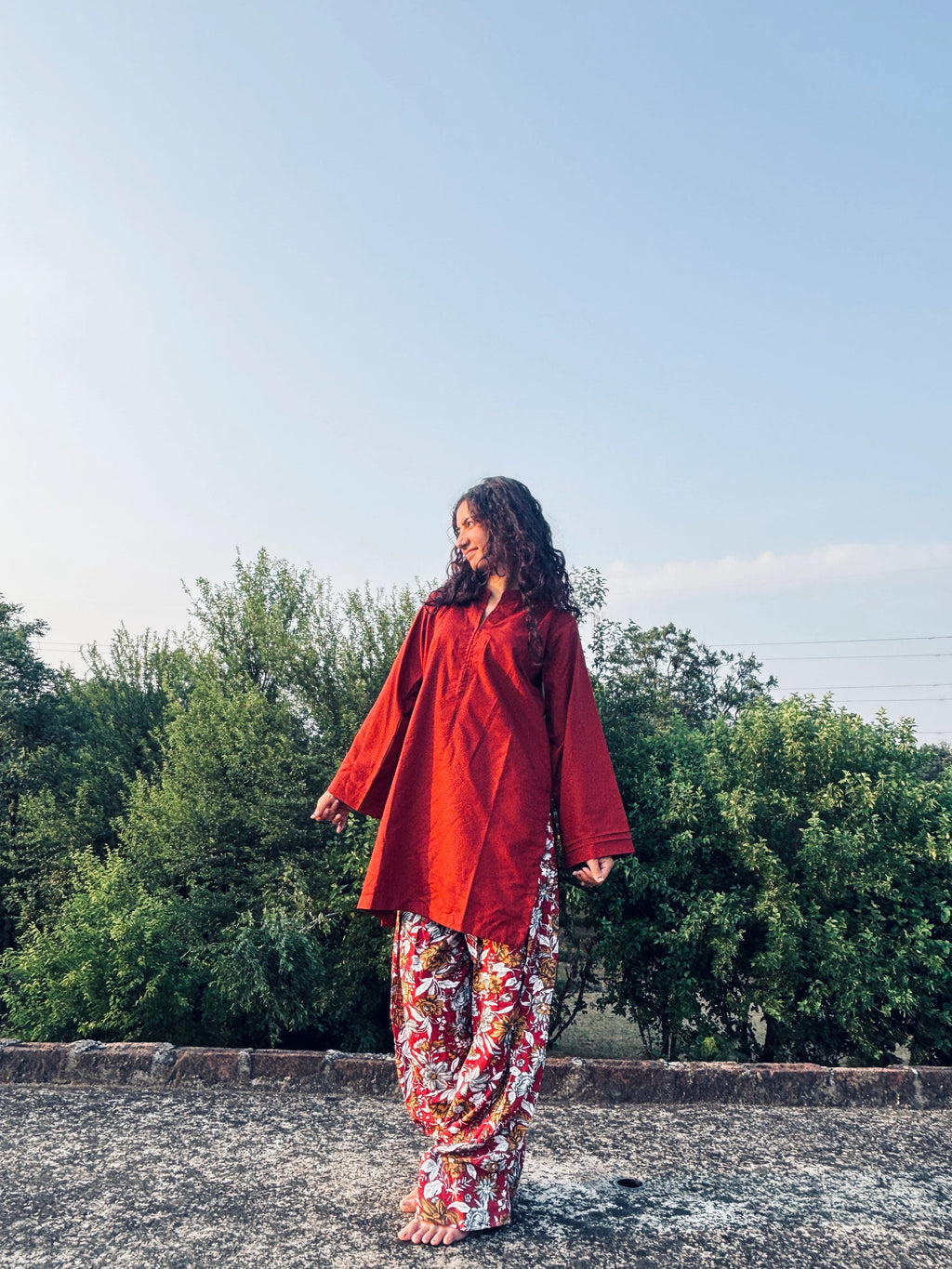 Maroon Kurta with Floral Printed Farsi Salwar Set
