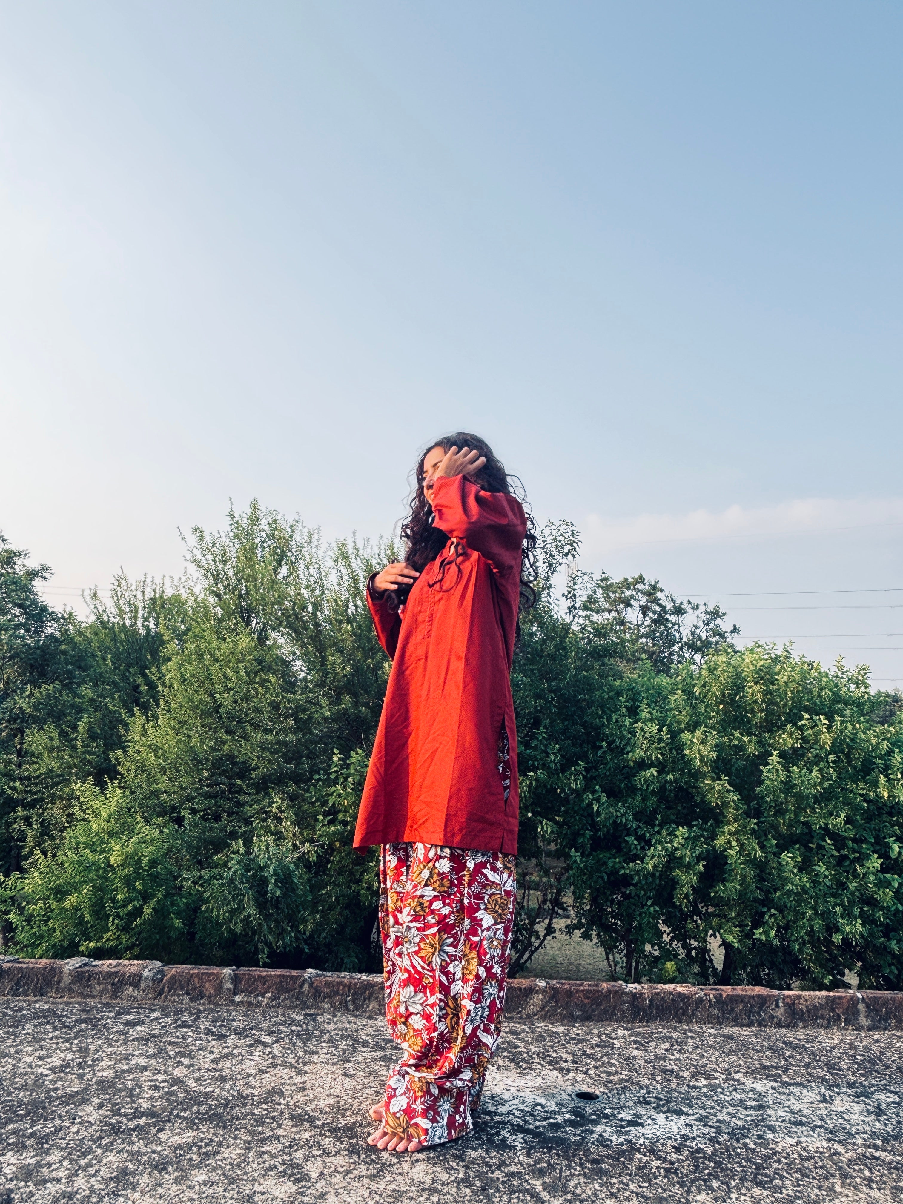 Maroon Kurta with Floral Printed Farsi Salwar Set