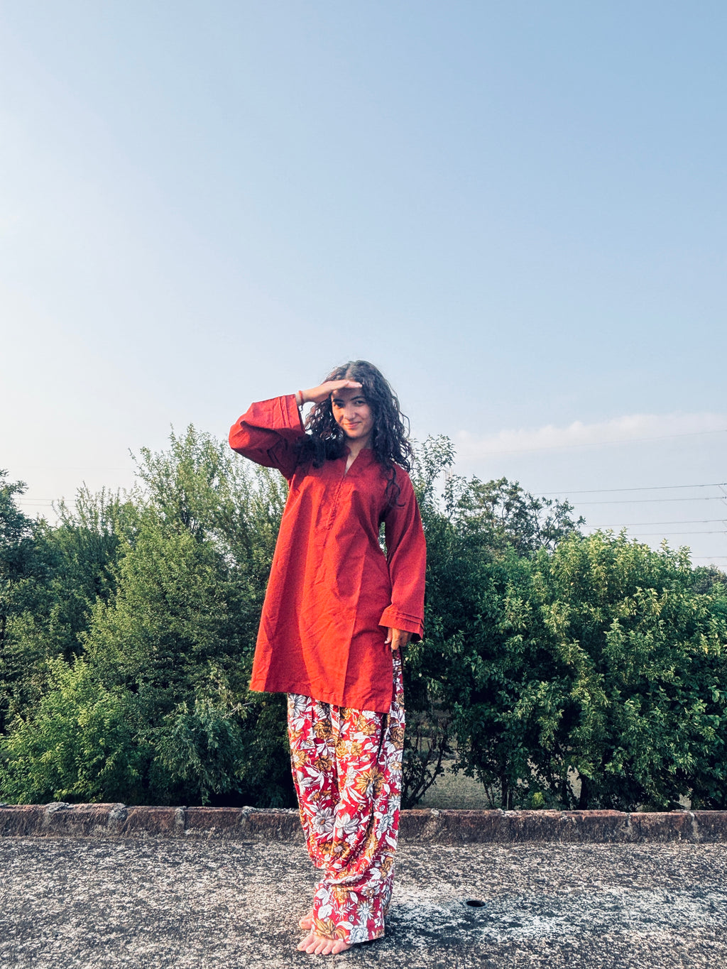 Maroon Kurta with Floral Printed Farsi Salwar Set