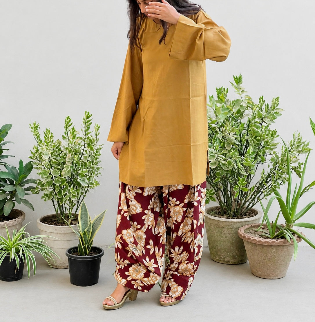 Mustard Kurta with Floral Printed Farsi Salwar Set
