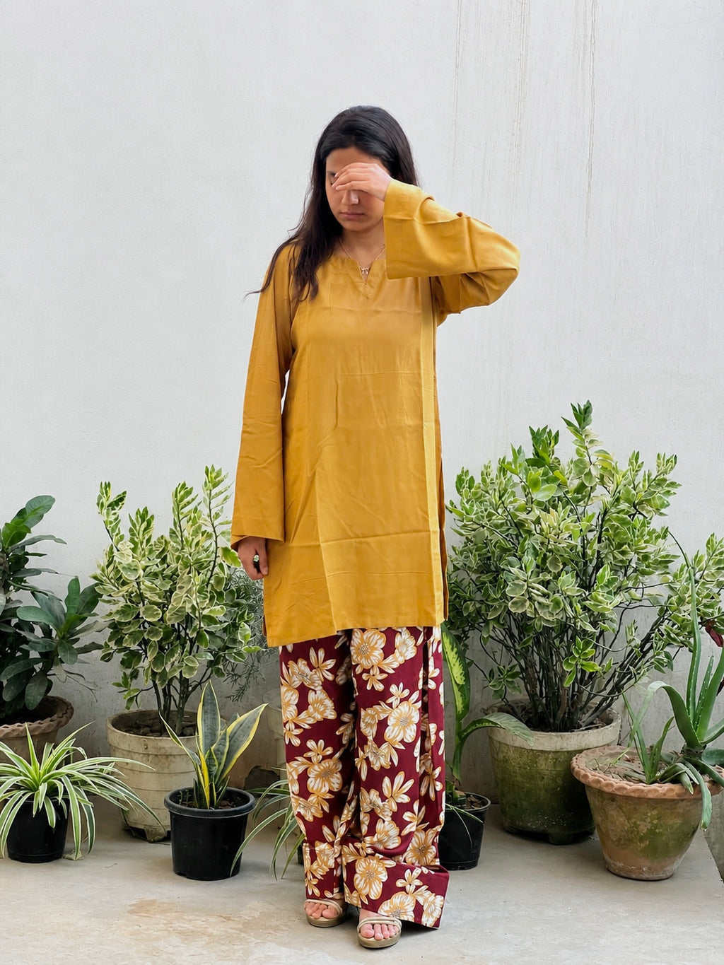 Mustard Kurta with Floral Printed Farsi Salwar Set