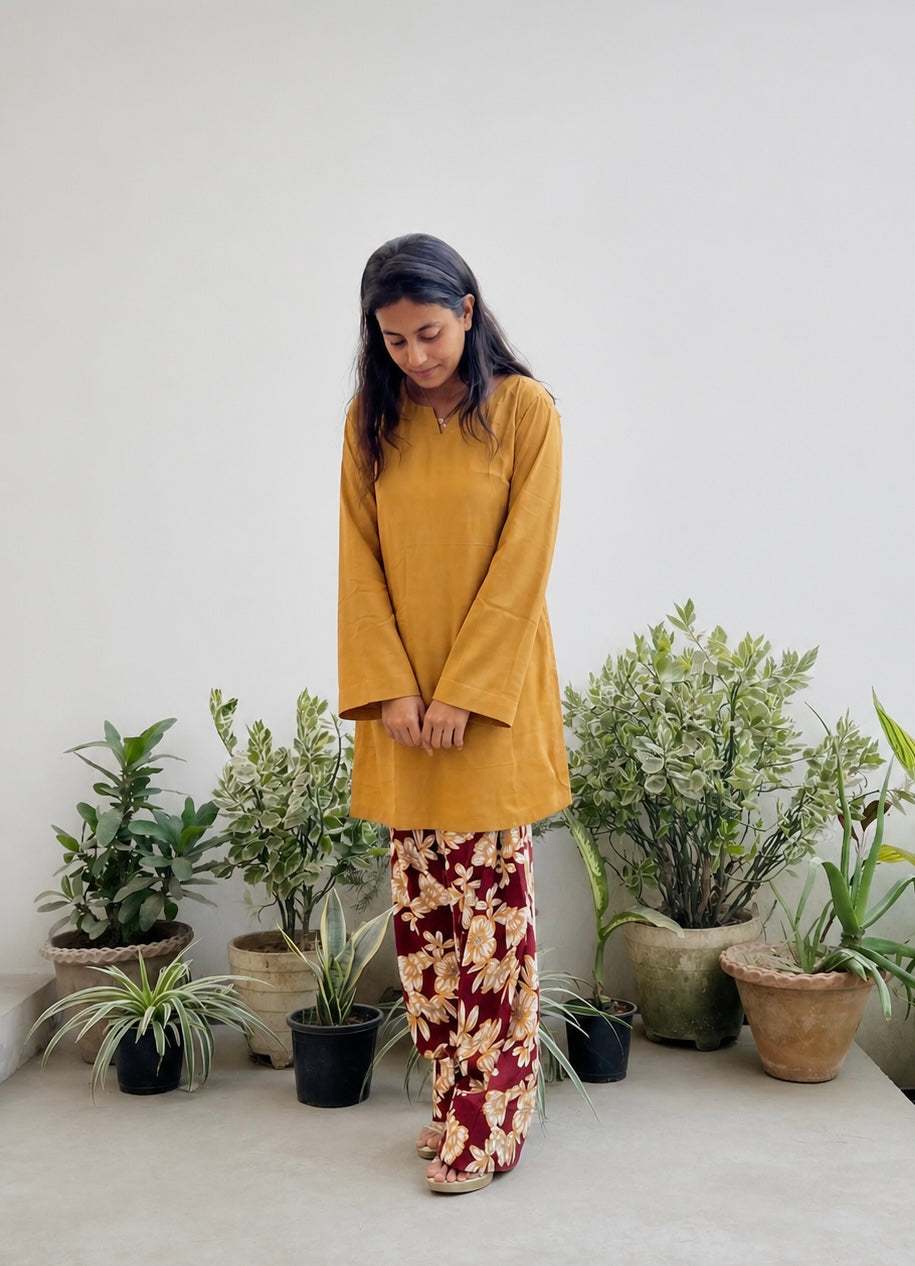 Mustard Kurta with Floral Printed Farsi Salwar Set