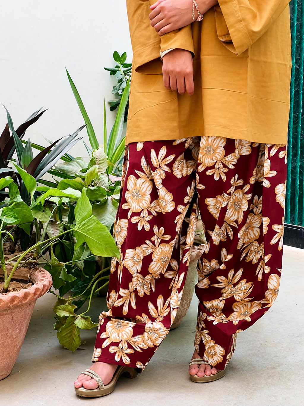 Mustard Kurta with Floral Printed Farsi Salwar Set