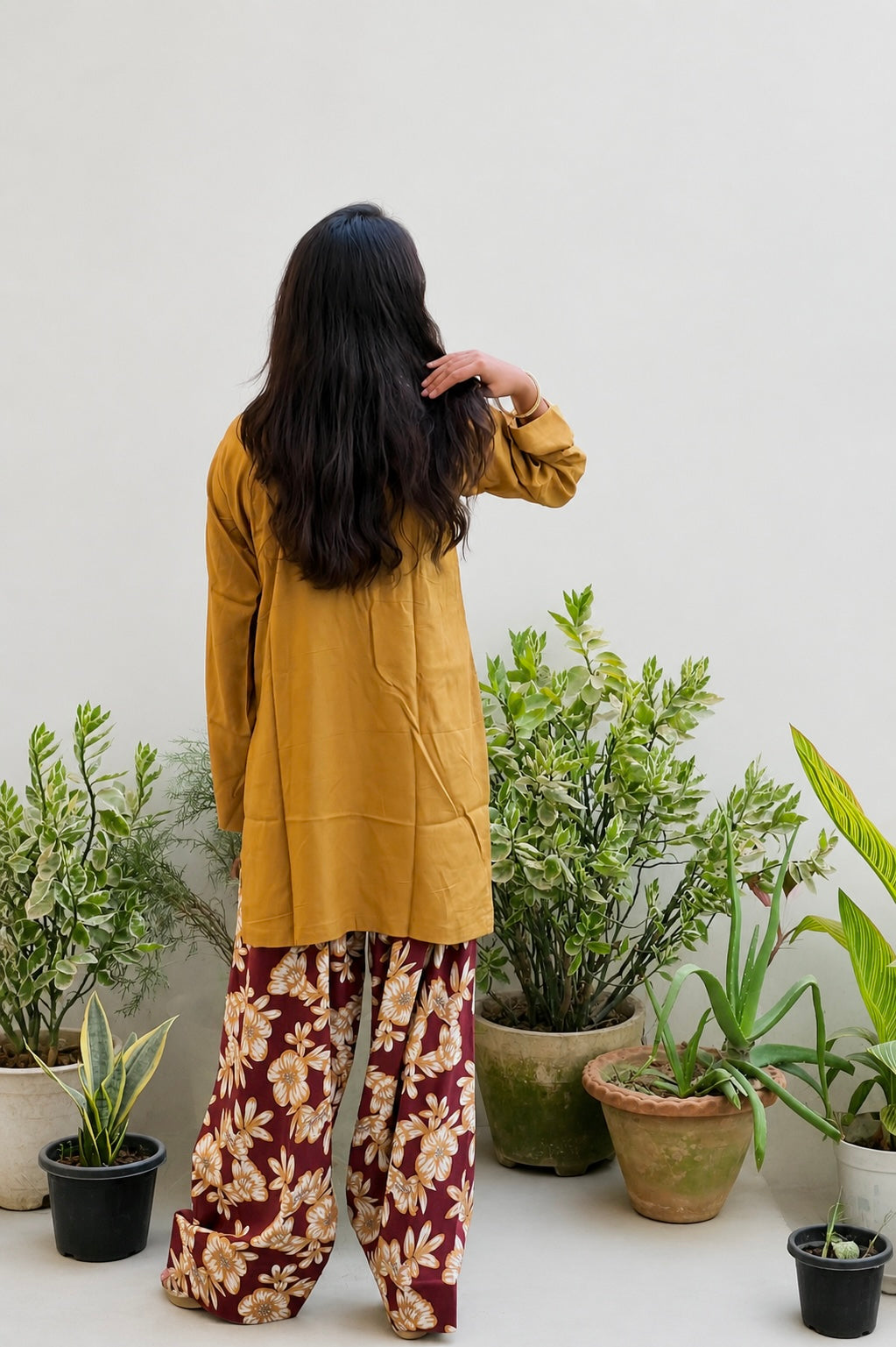 Mustard Kurta with Floral Printed Farsi Salwar Set