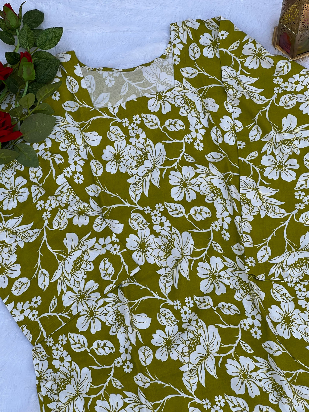 Mustard Olive Floral Printed Short Kurti