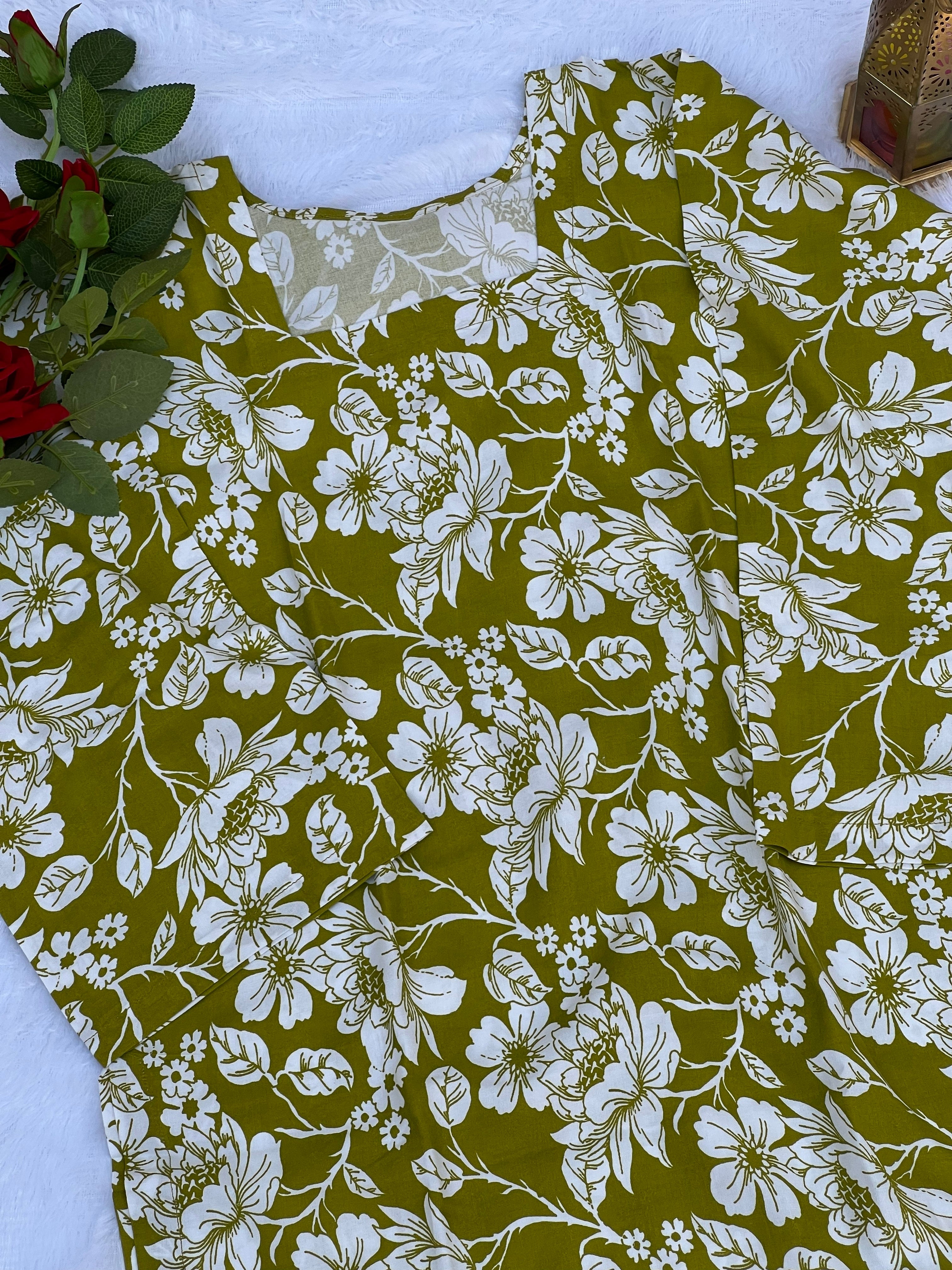 Mustard Olive Floral Printed Short Kurti