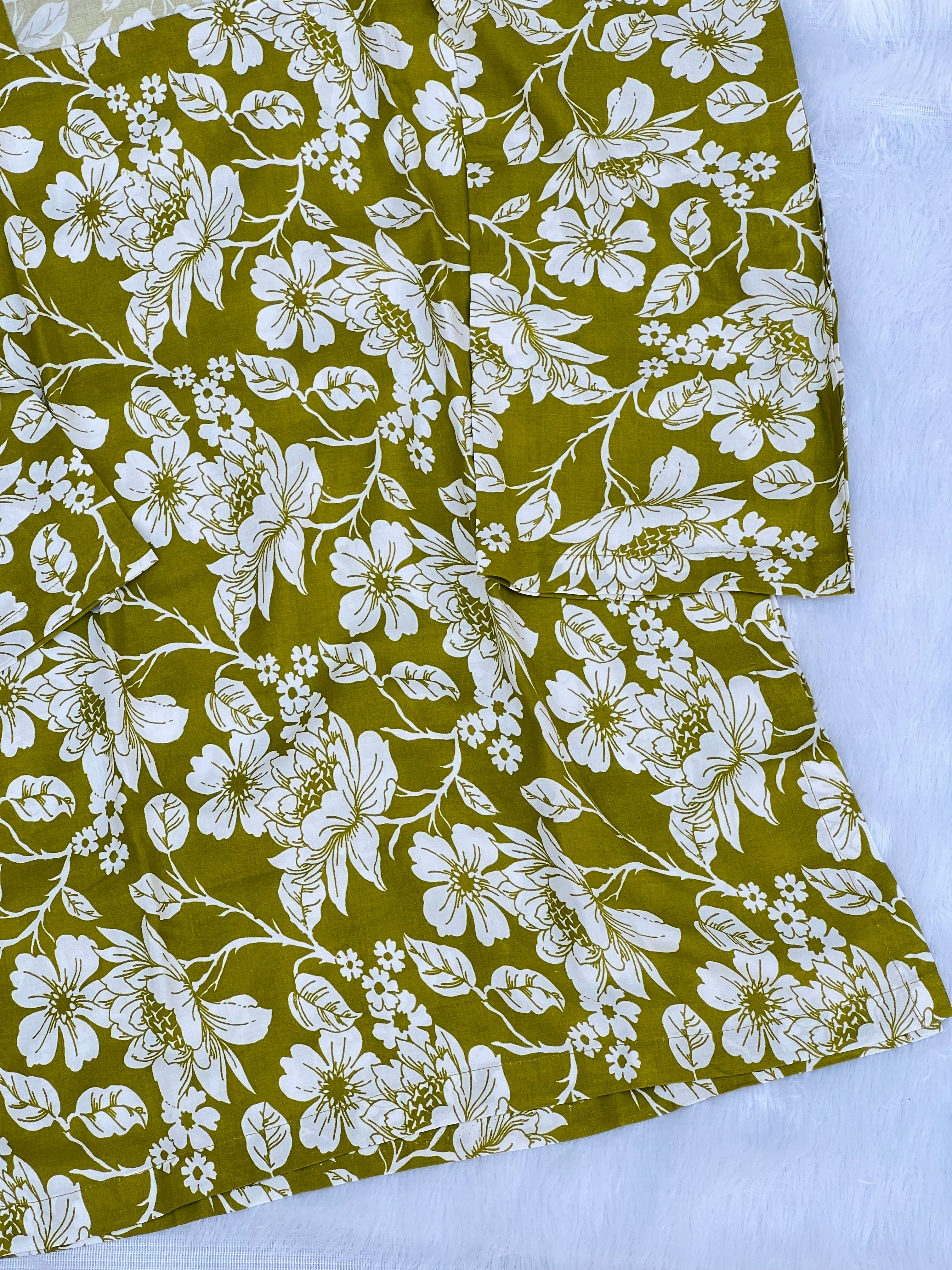 Mustard Olive Floral Printed Short Kurti