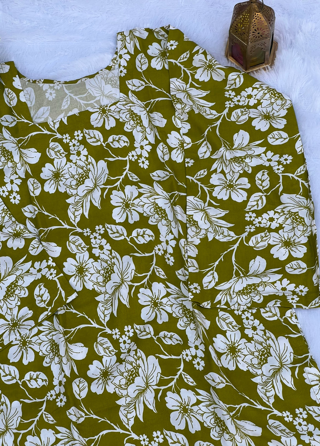Mustard Olive Floral Printed Short Kurti