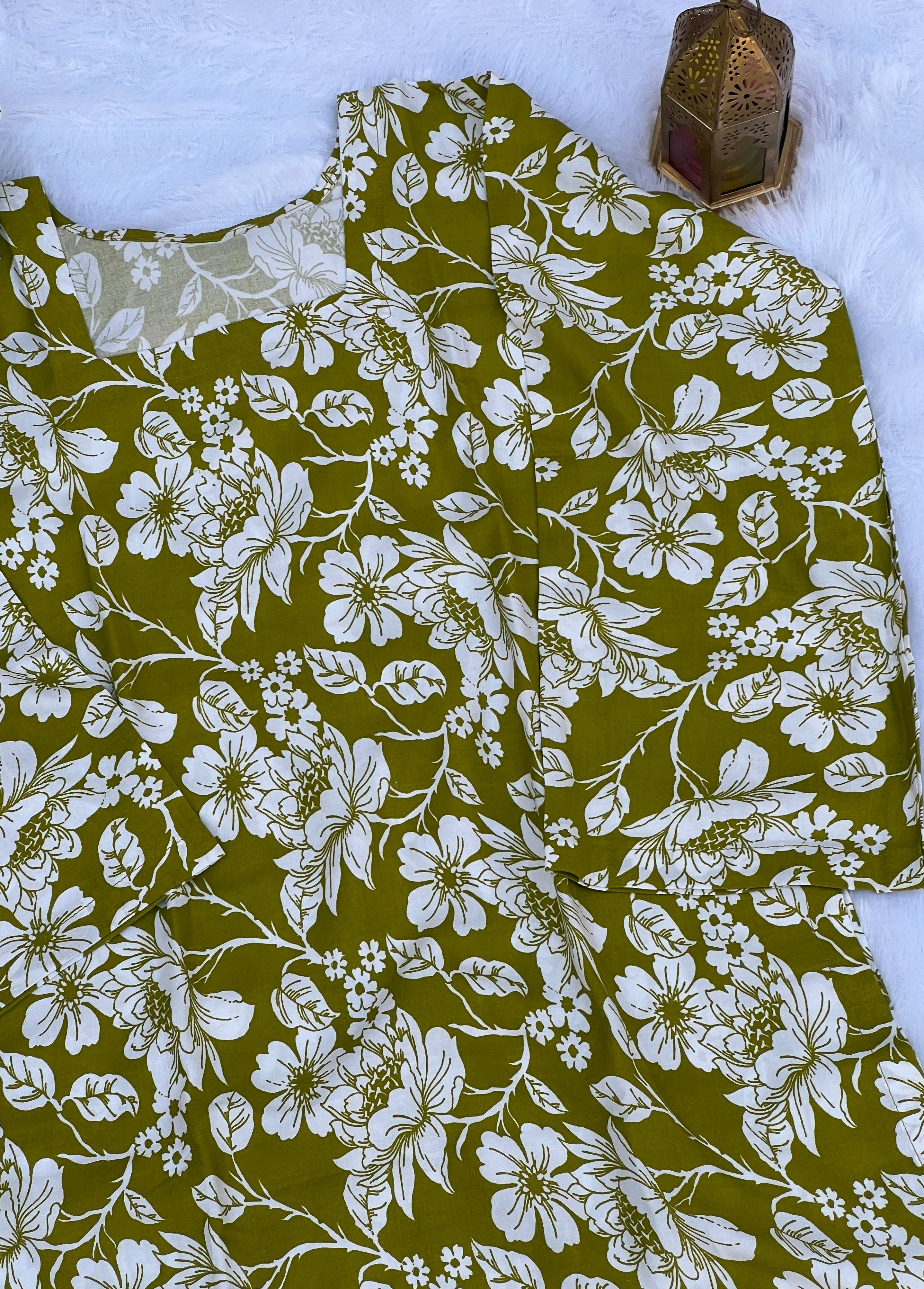 Mustard Olive Floral Printed Short Kurti