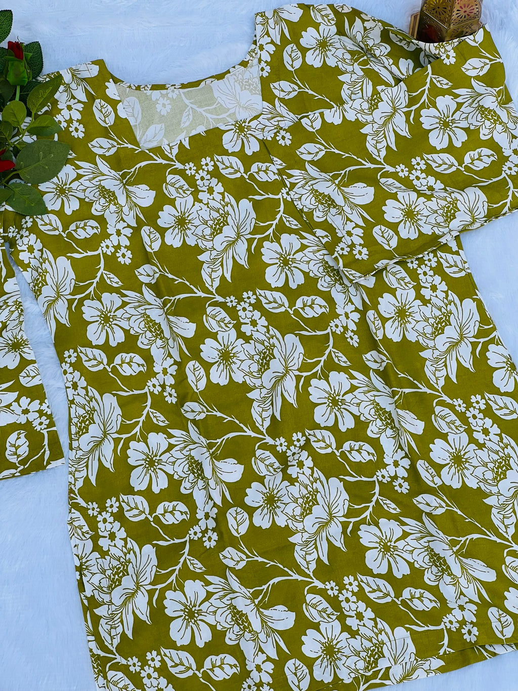 Mustard Olive Floral Printed Short Kurti