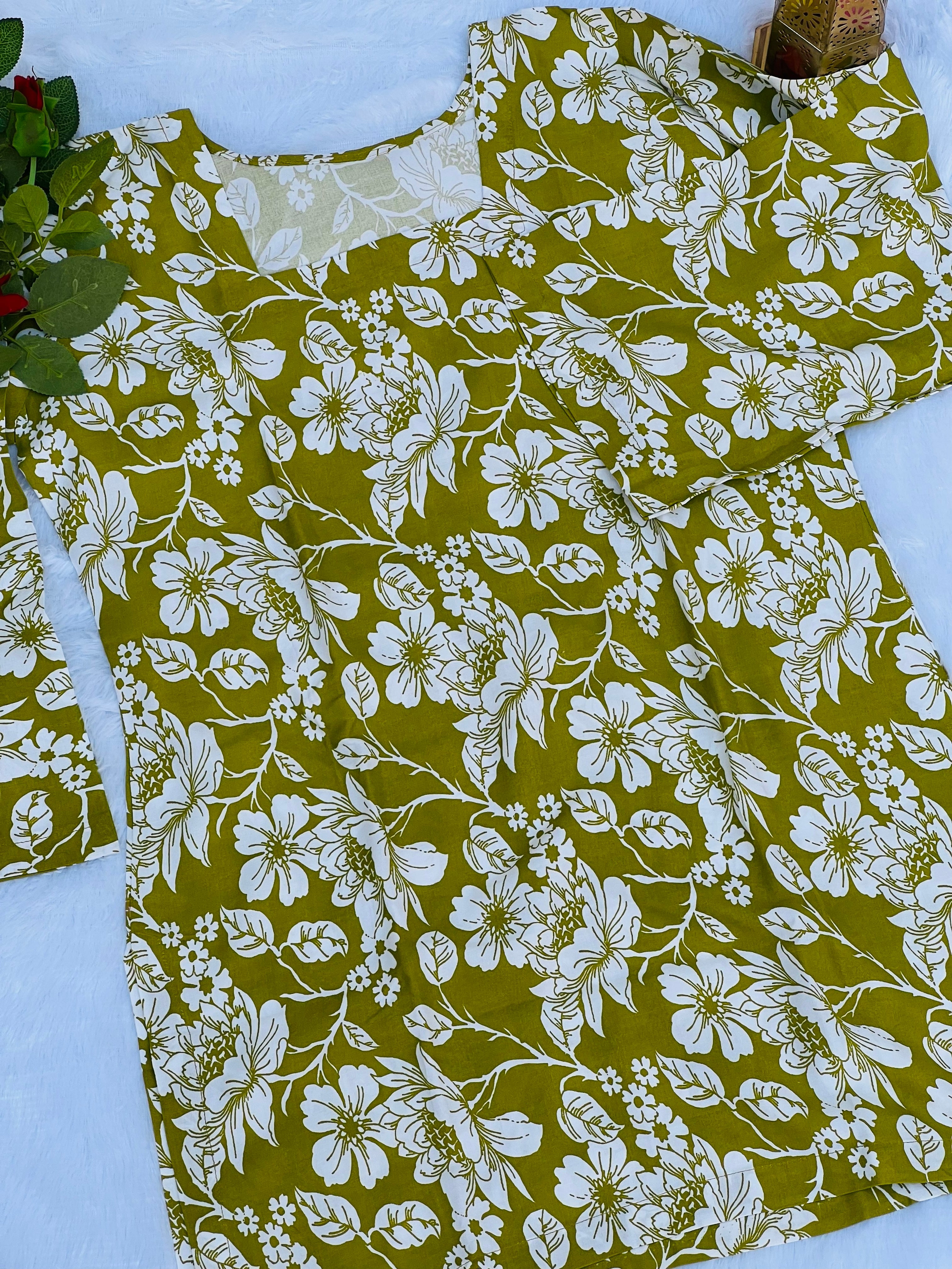 Mustard Olive Floral Printed Short Kurti