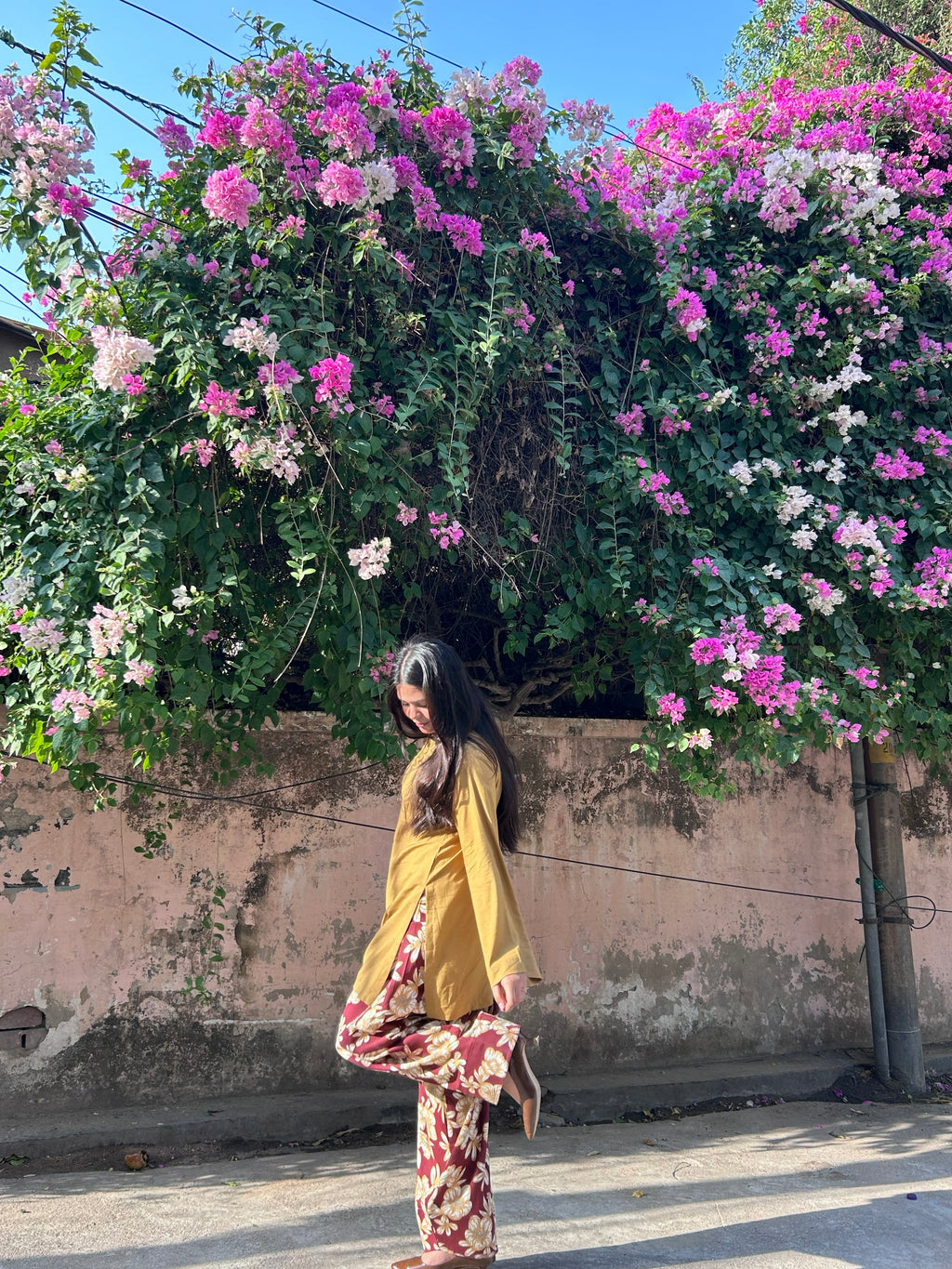 Mustard Kurta with Floral Printed Farsi Salwar Set