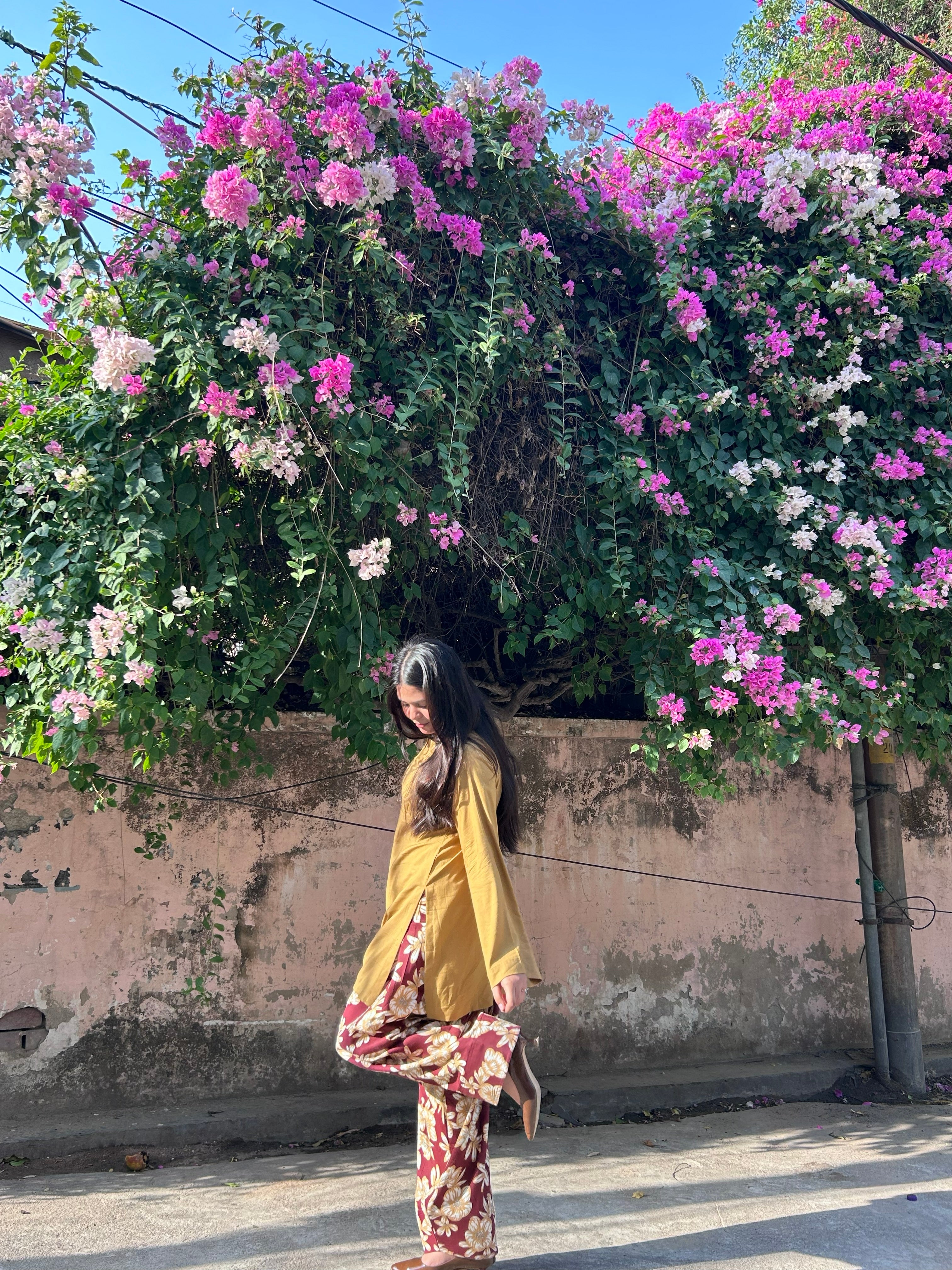Mustard Kurta with Floral Printed Farsi Salwar Set