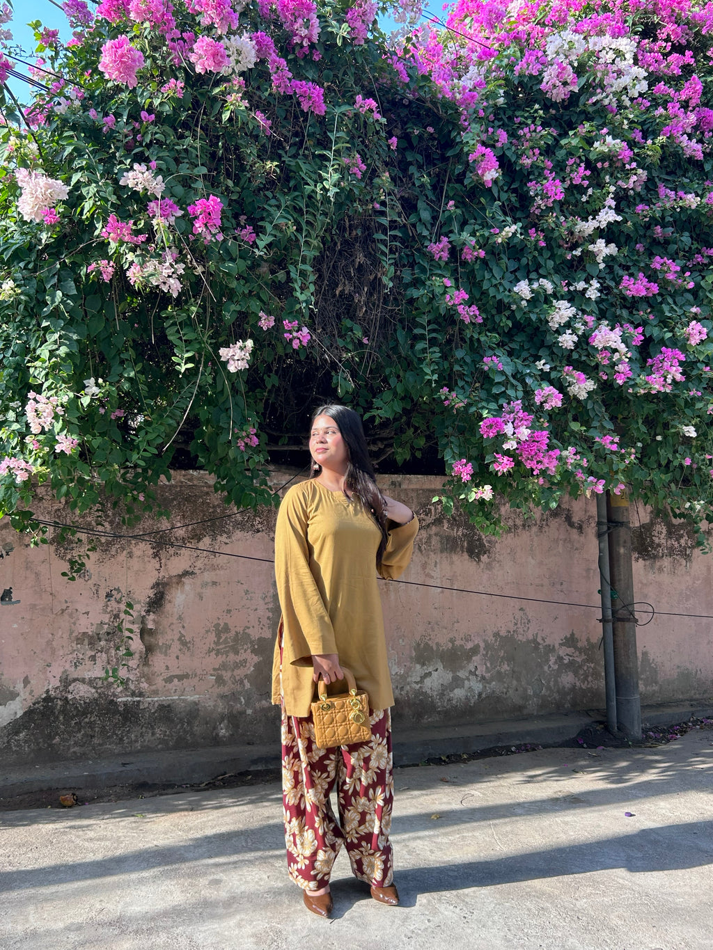 Mustard Kurta with Floral Printed Farsi Salwar Set