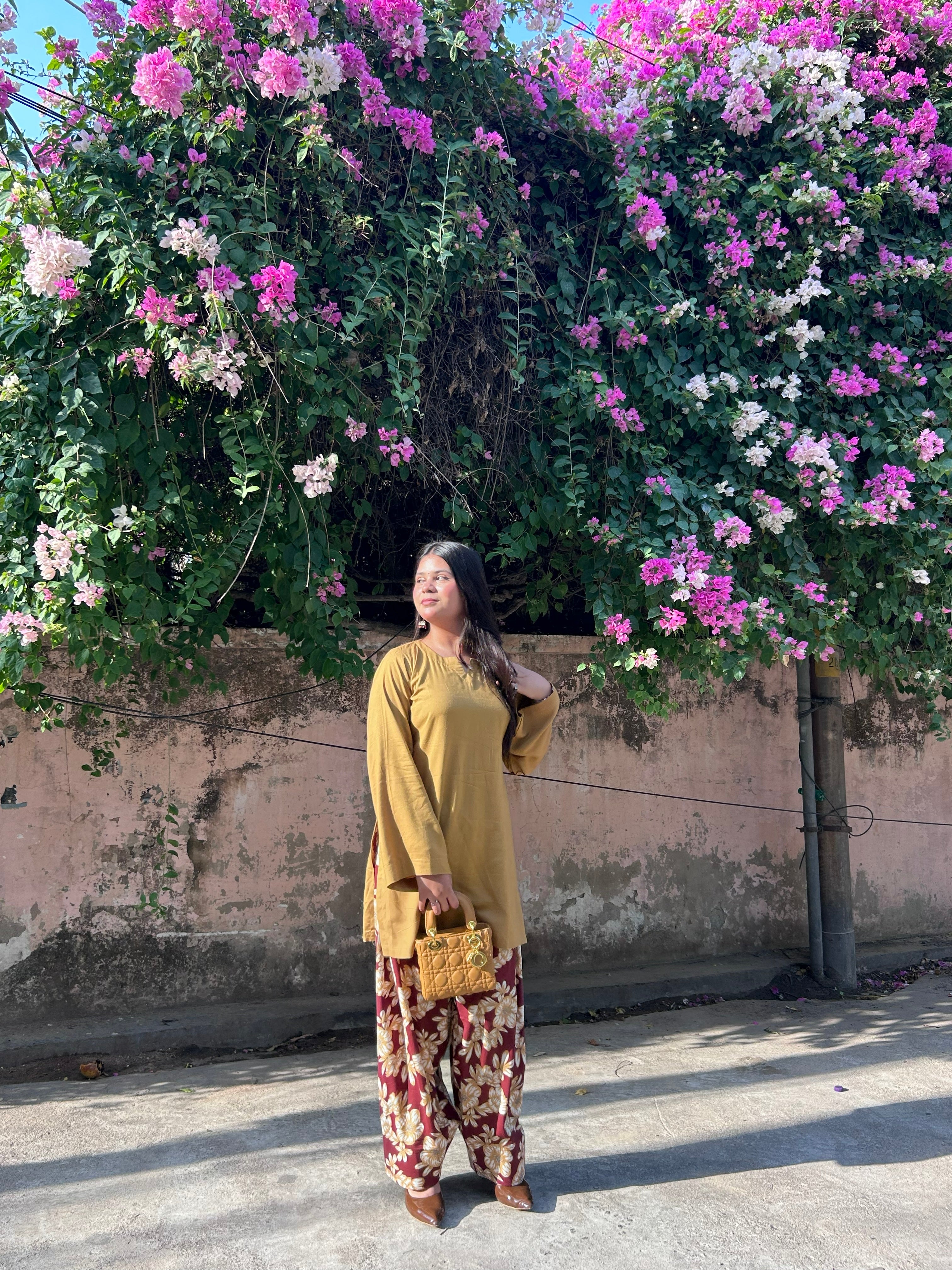 Mustard Kurta with Floral Printed Farsi Salwar Set