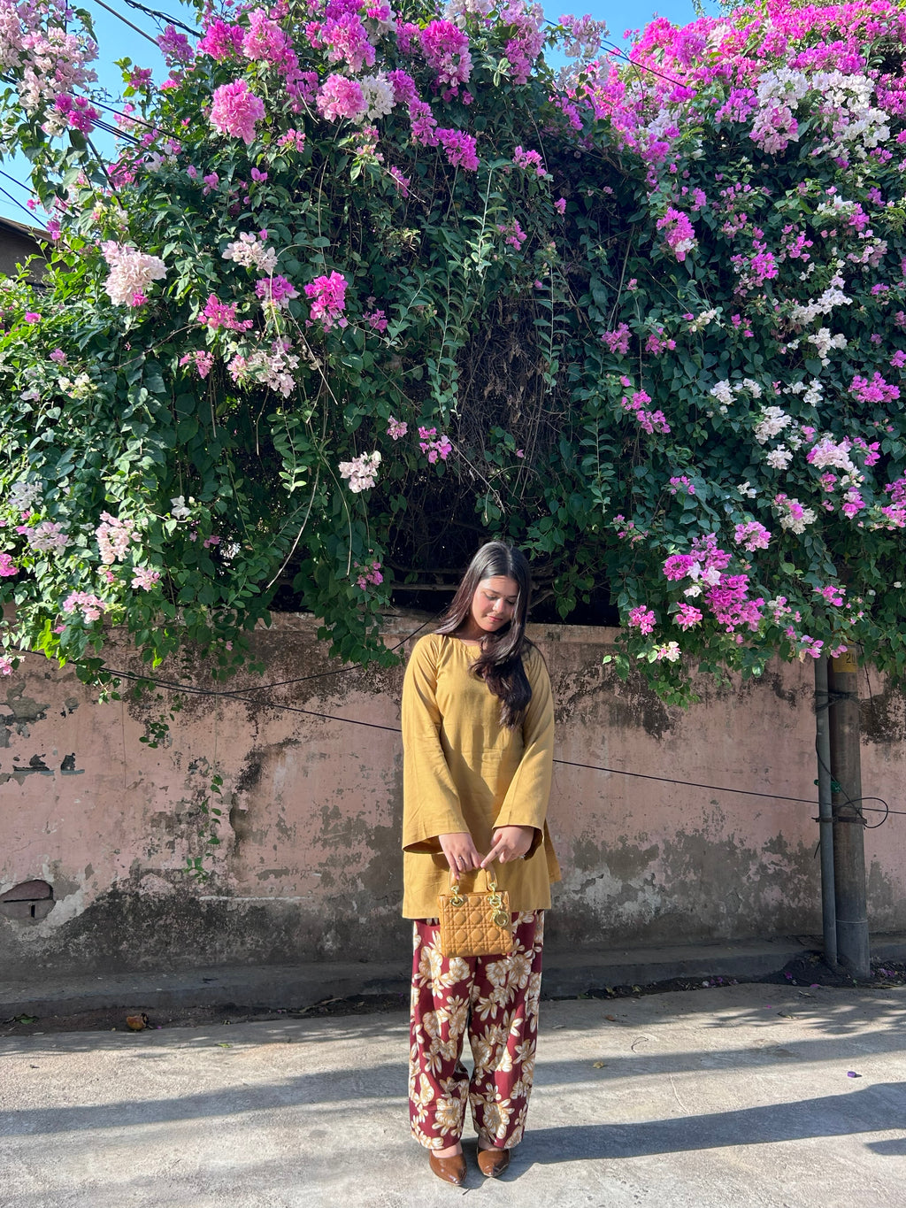 Mustard Kurta with Floral Printed Farsi Salwar Set