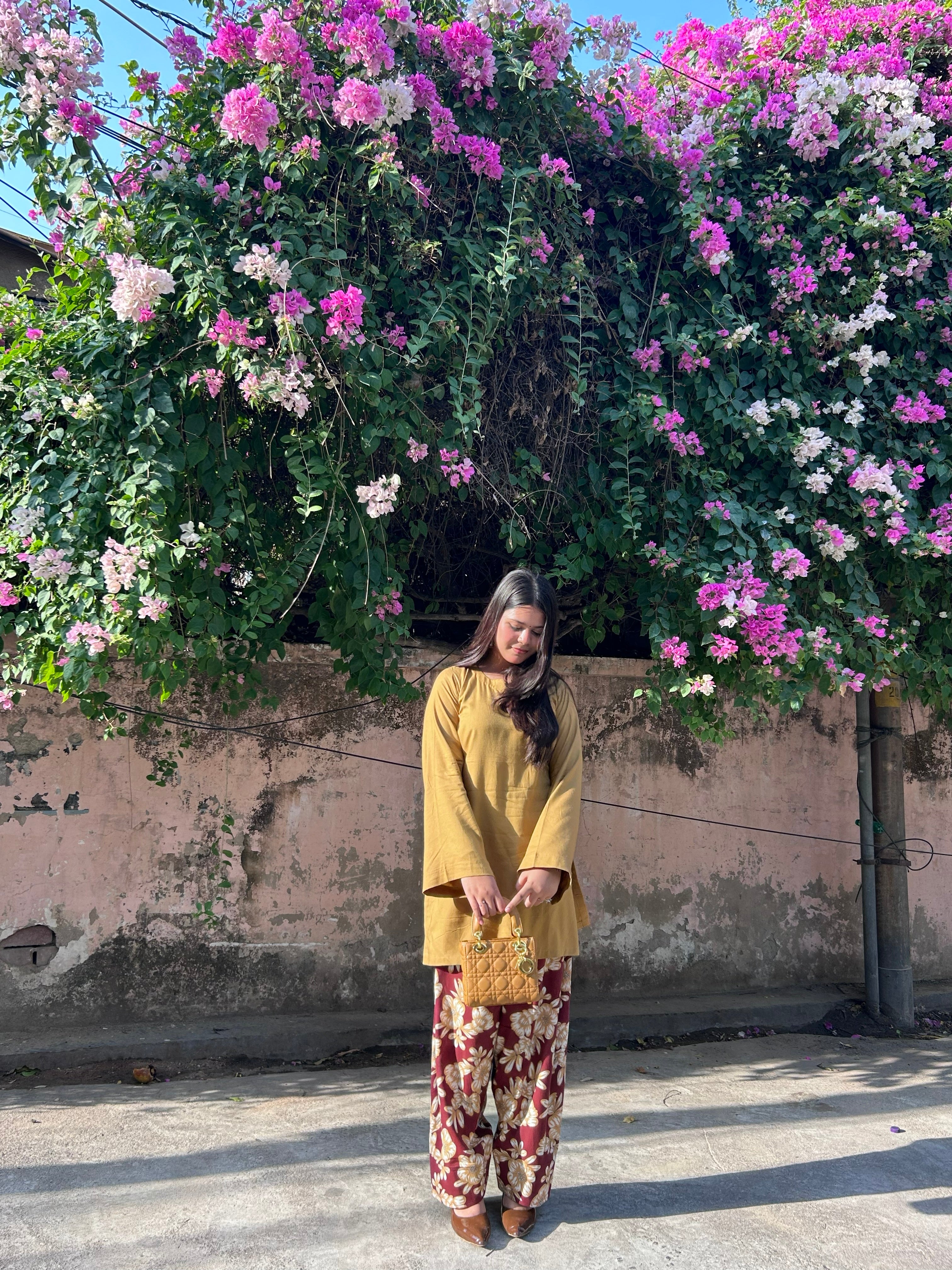 Mustard Kurta with Floral Printed Farsi Salwar Set