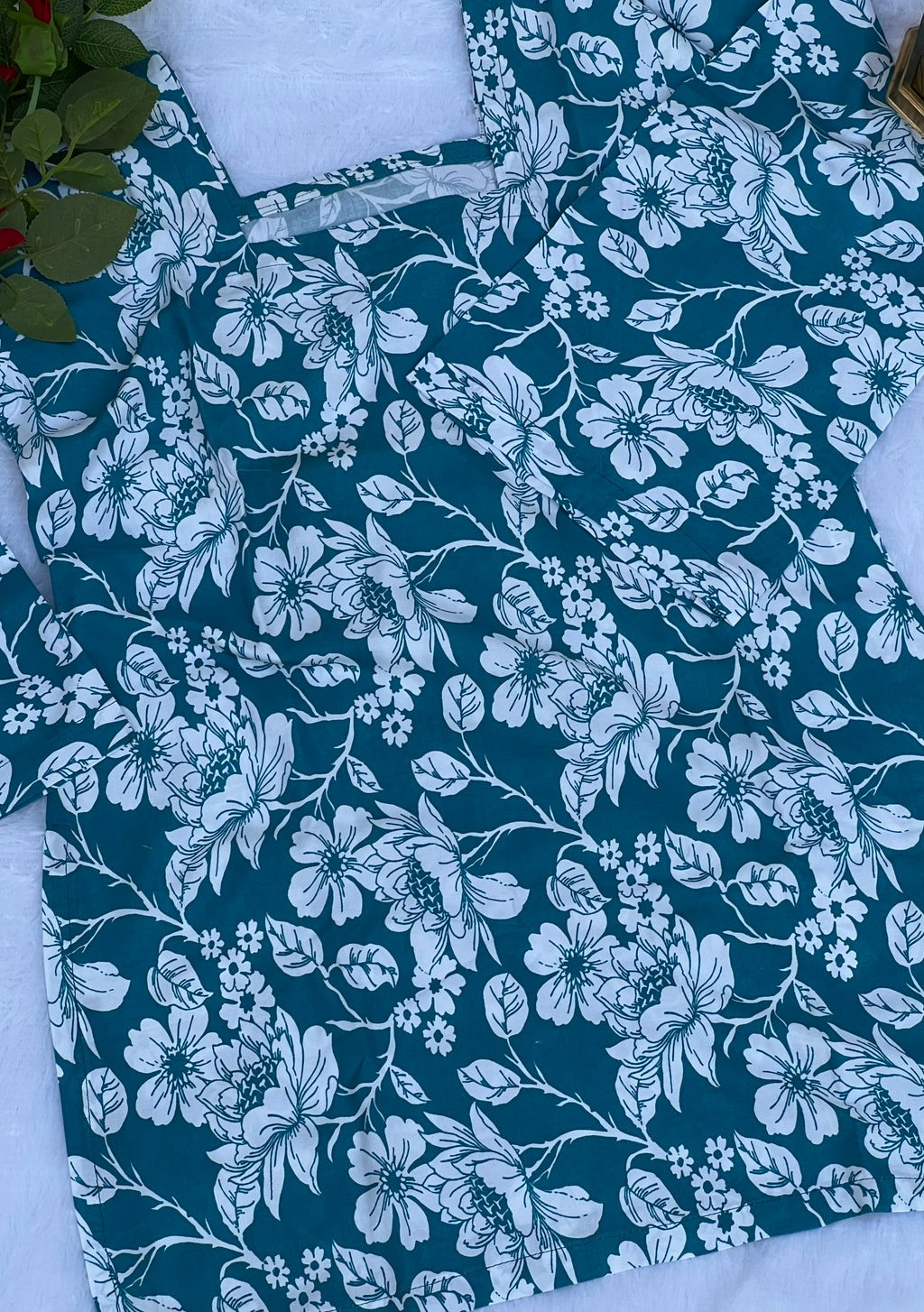 Peacock Blue Floral Printed Short Kurti