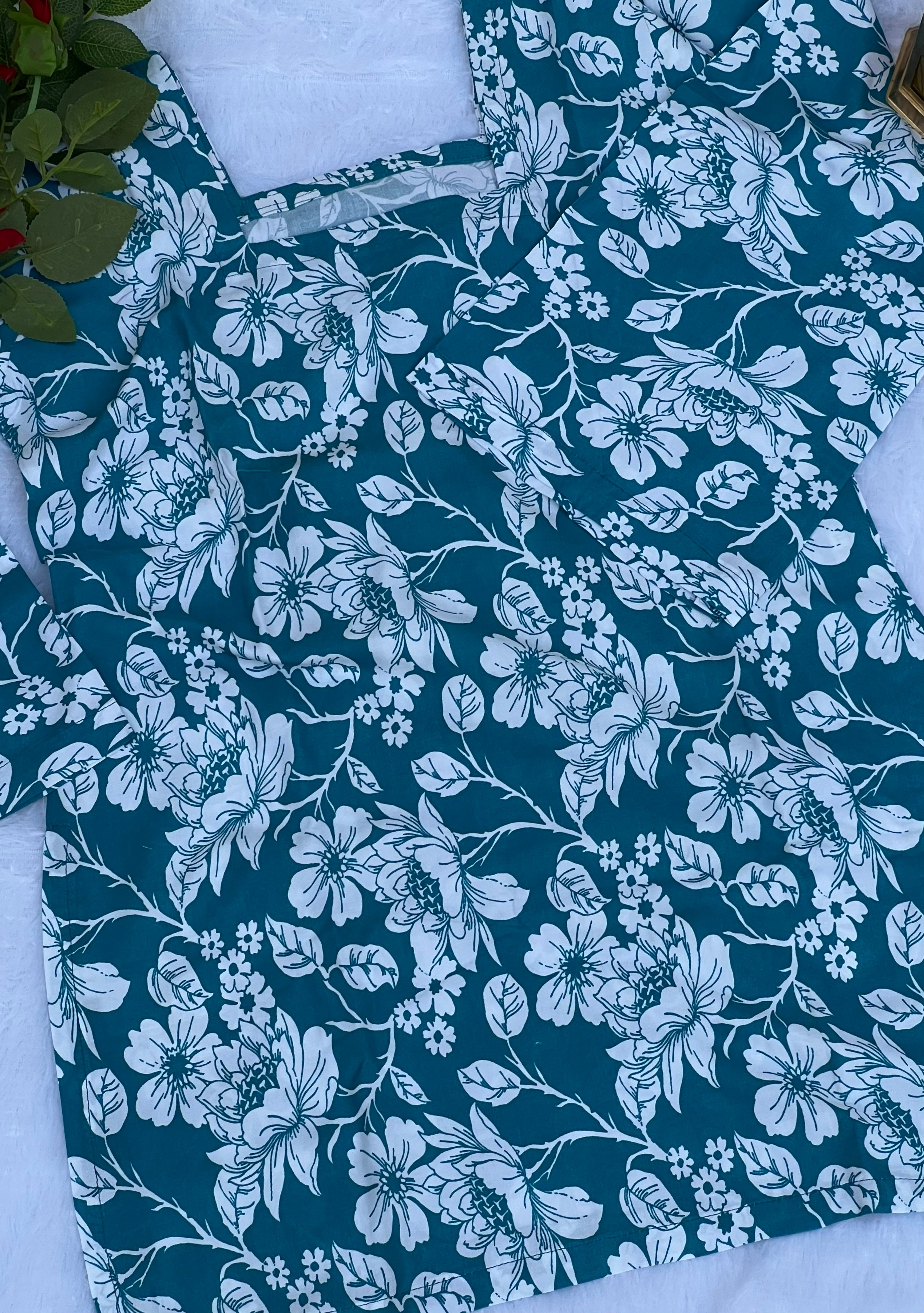 Peacock Blue Floral Printed Short Kurti
