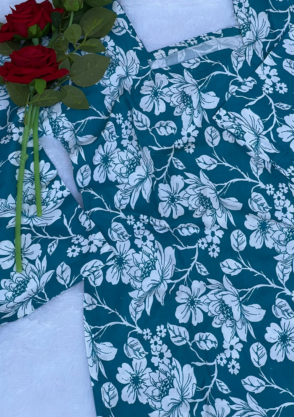 Peacock Blue Floral Printed Short Kurti
