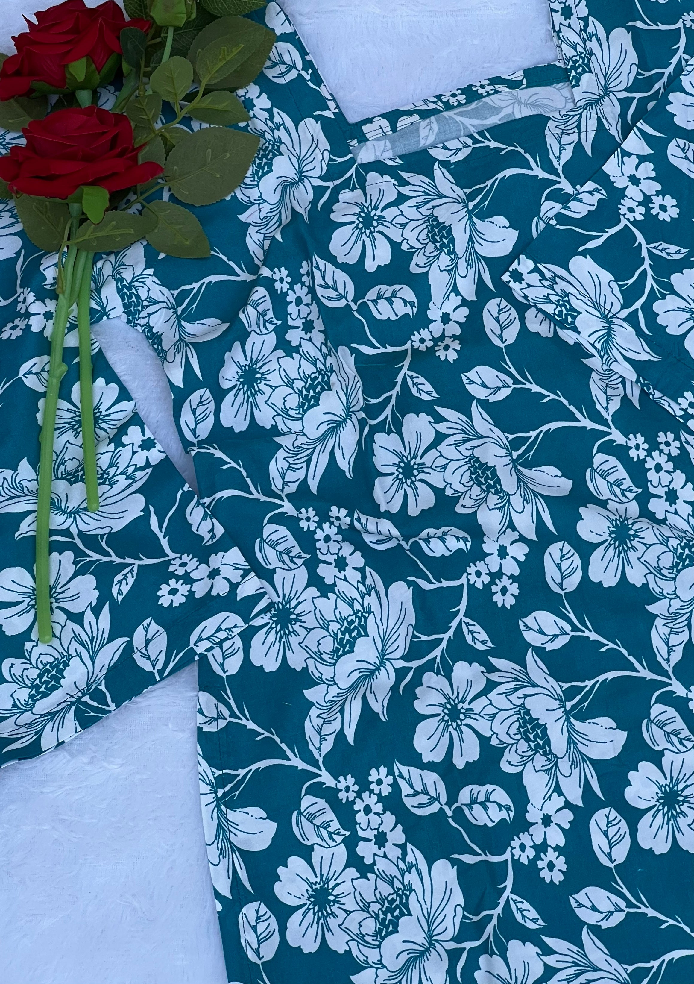 Peacock Blue Floral Printed Short Kurti