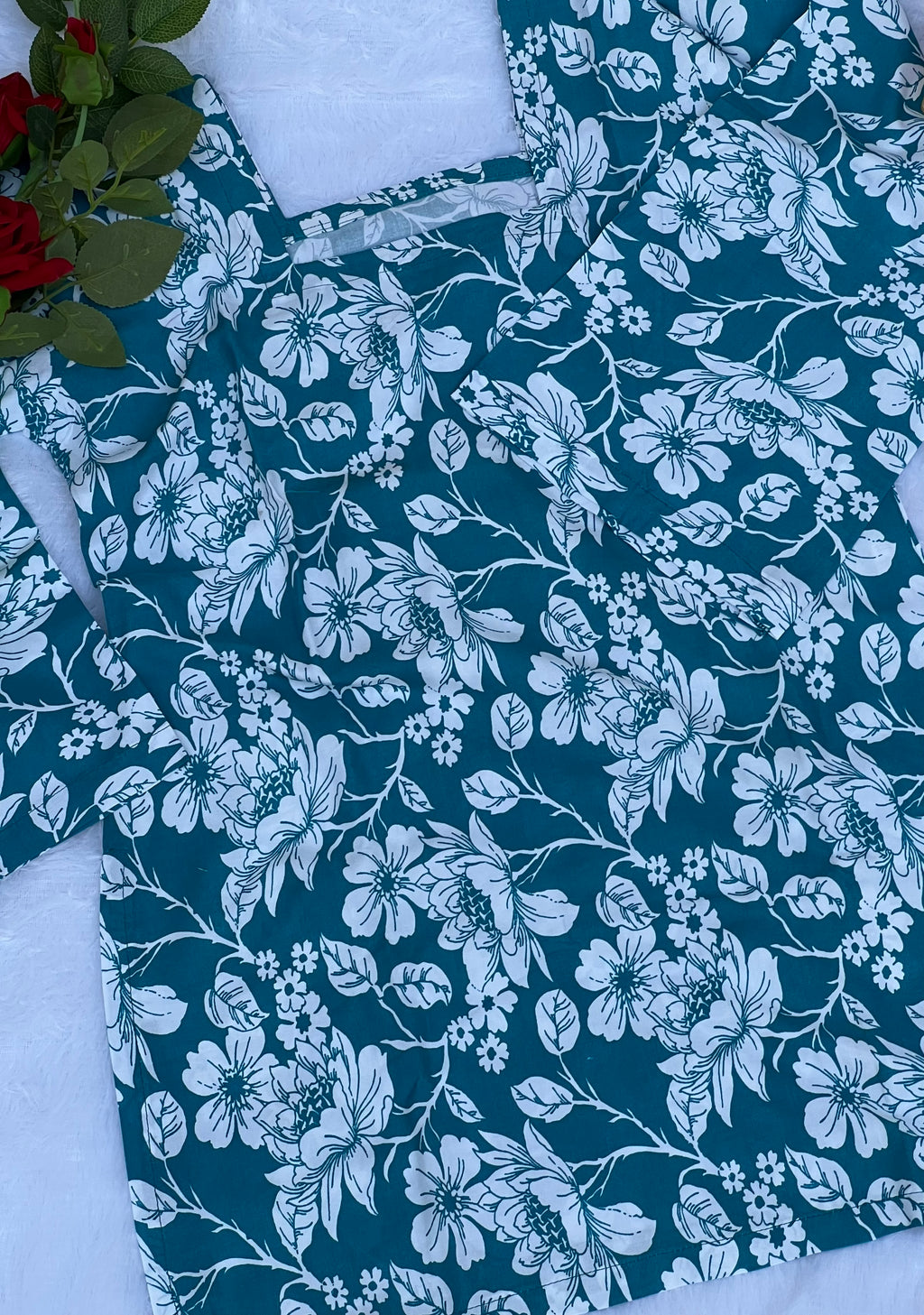 Peacock Blue Floral Printed Short Kurti