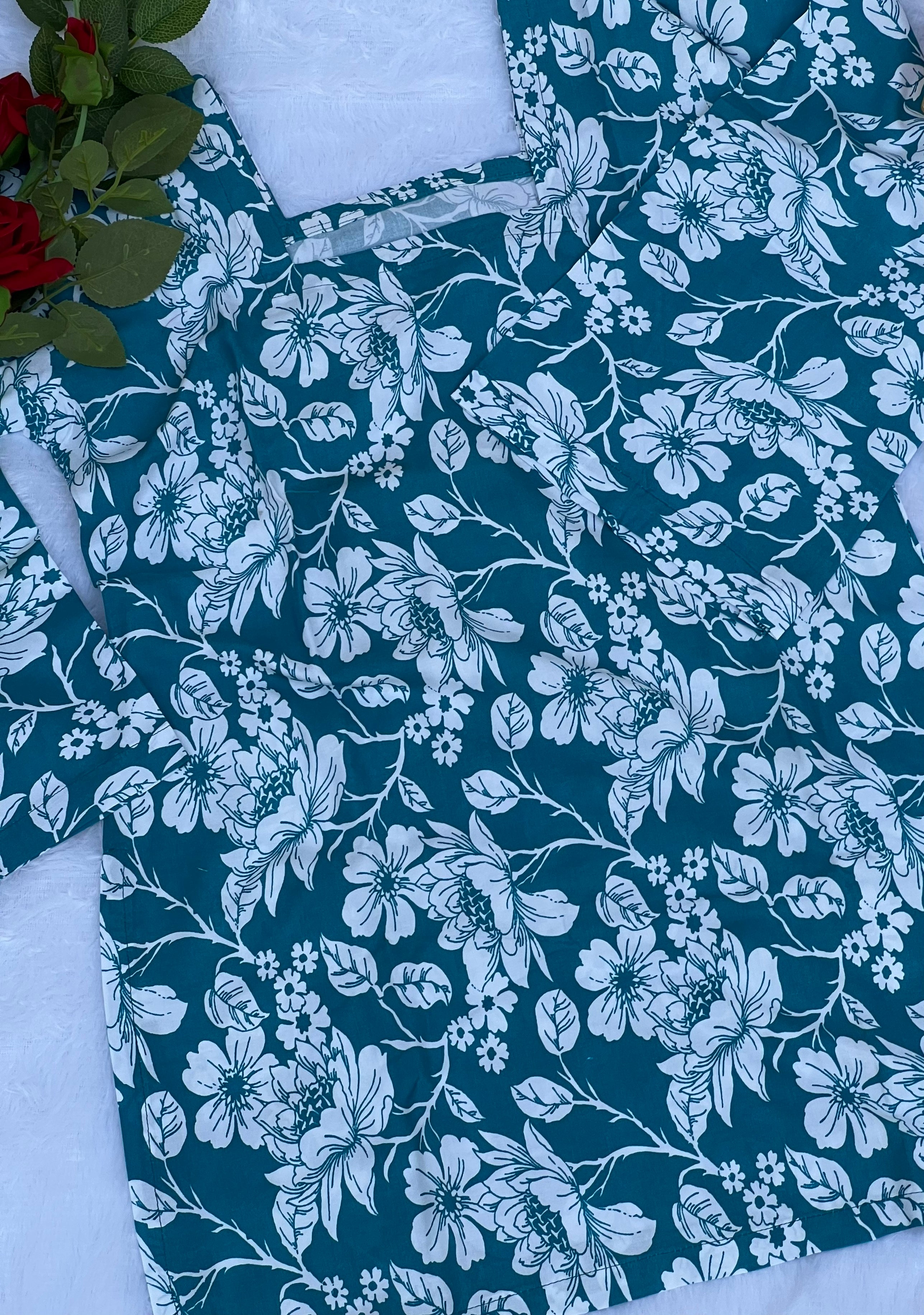 Peacock Blue Floral Printed Short Kurti