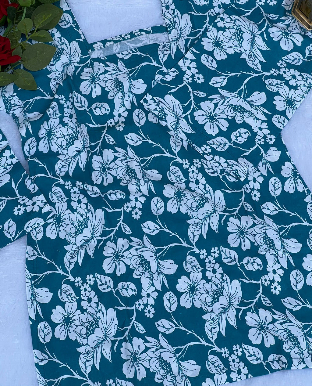 Peacock Blue Floral Printed Short Kurti