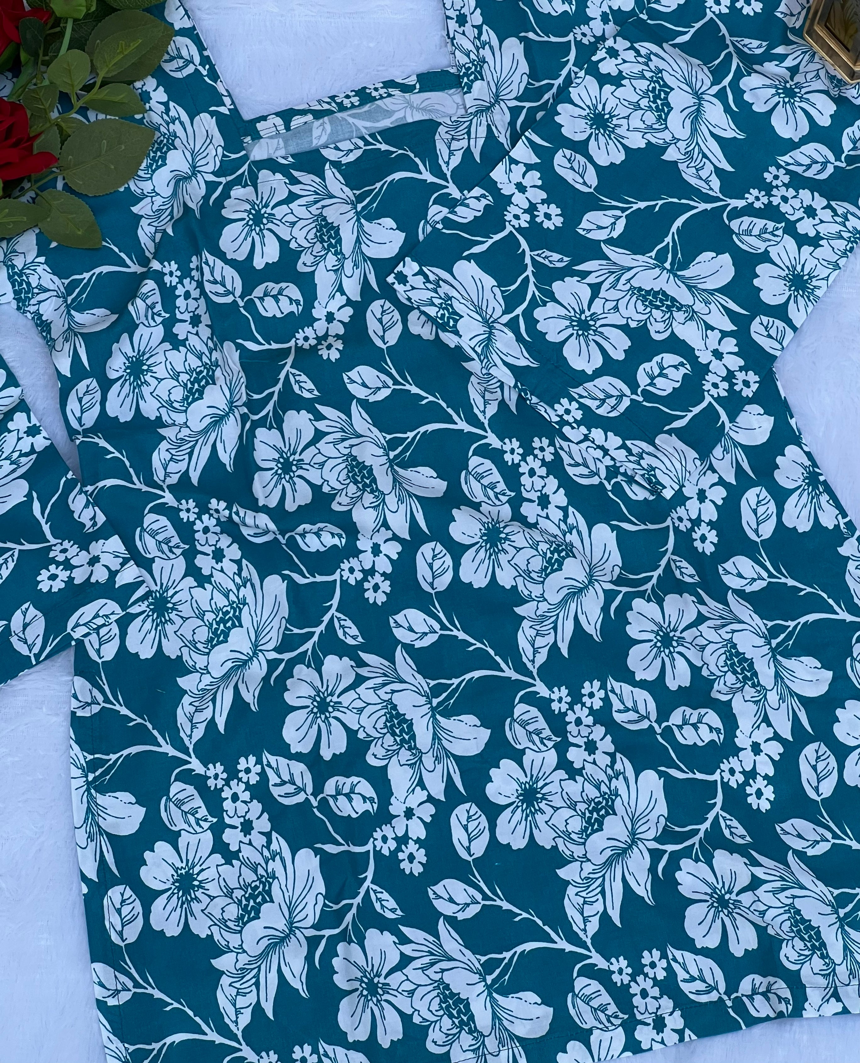 Peacock Blue Floral Printed Short Kurti