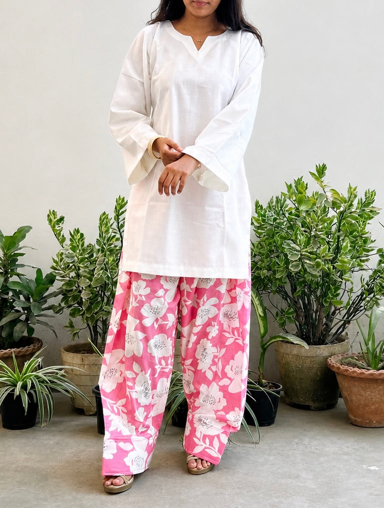Moon White Kurta with Pink Floral Printed Farsi Salwar Set
