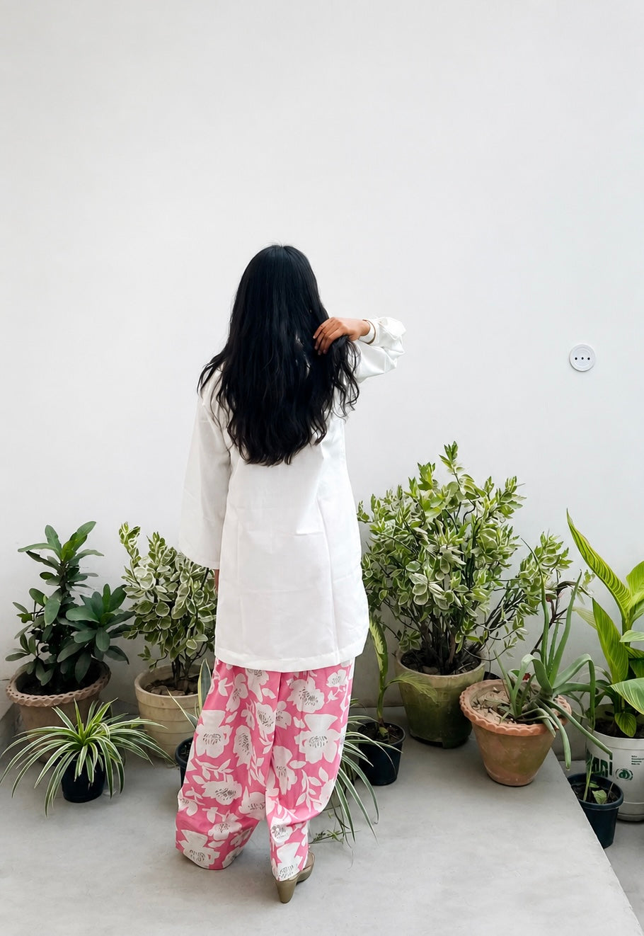 Moon White Kurta with Pink Floral Printed Farsi Salwar Set