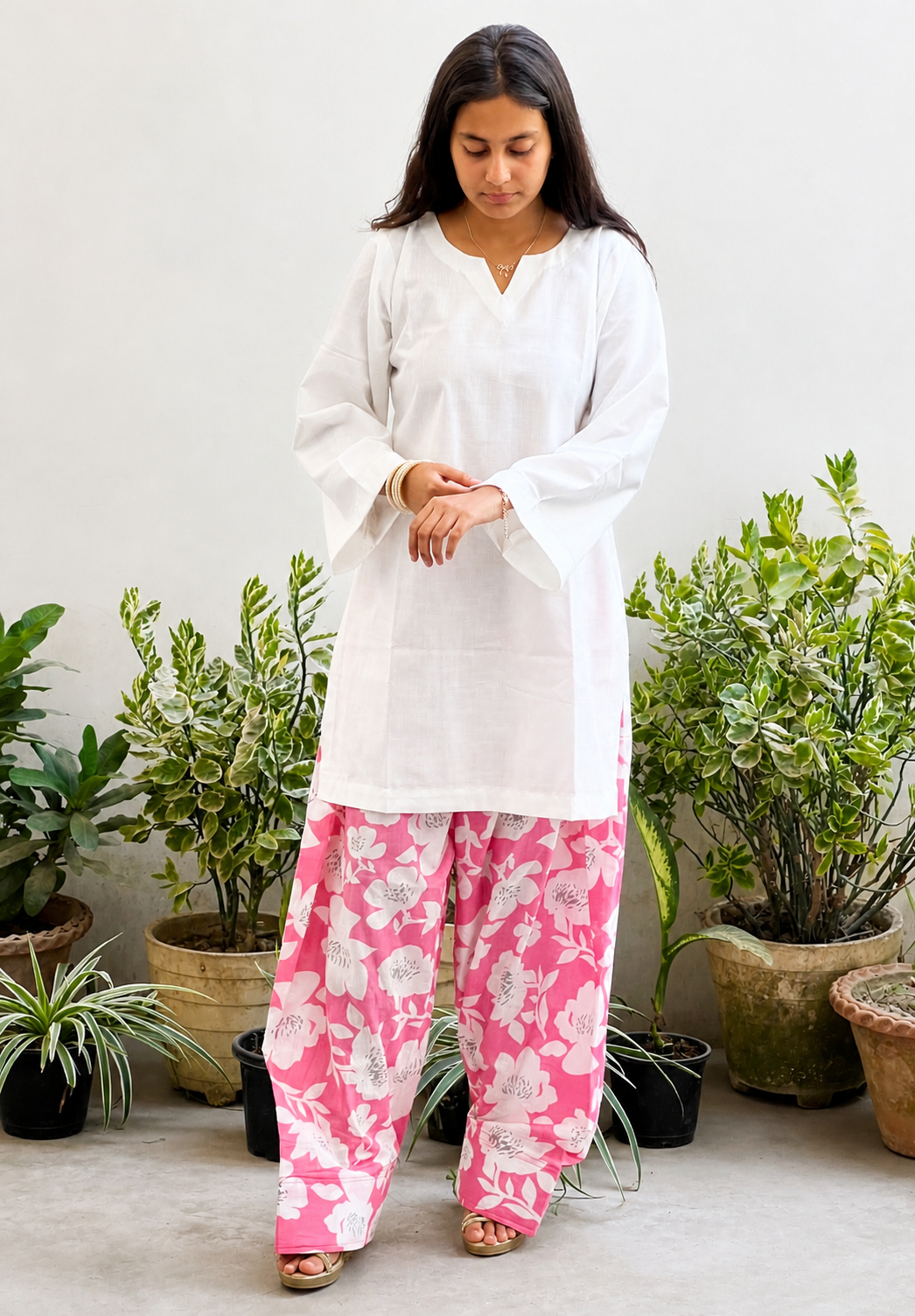 Moon White Kurta with Pink Floral Printed Farsi Salwar Set