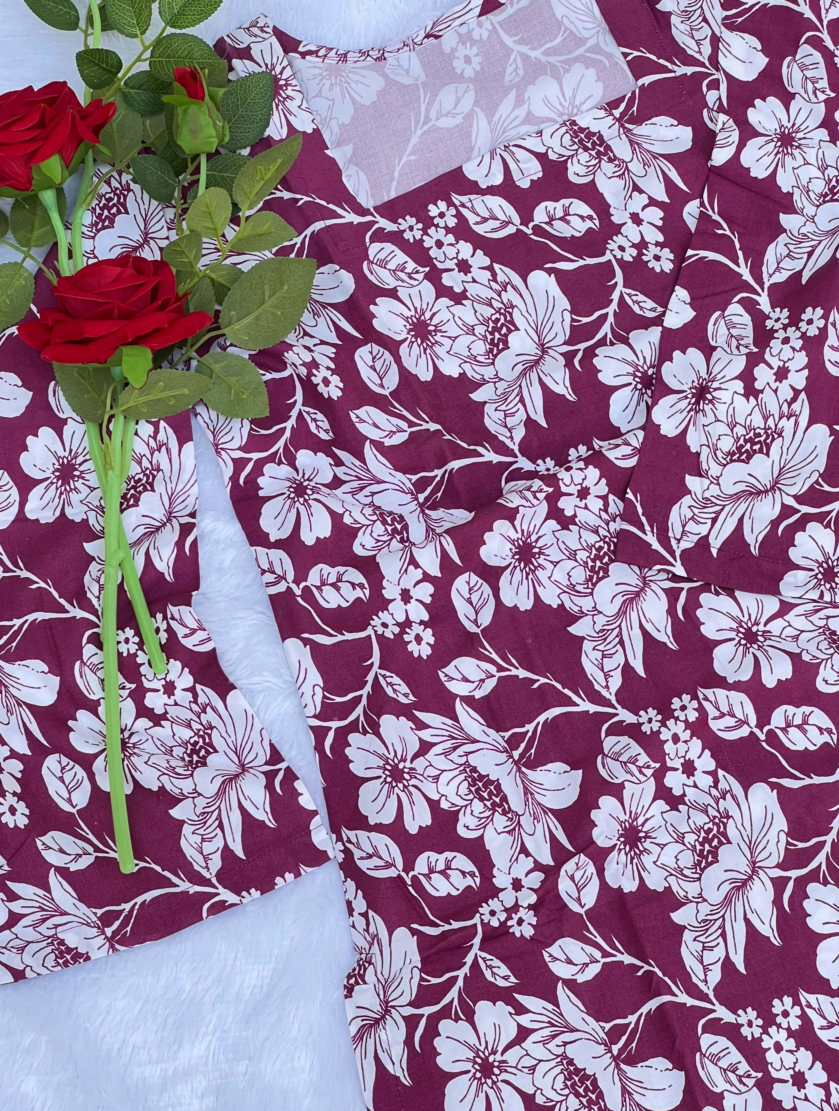 Rani Pink Floral Printed Short Kurti