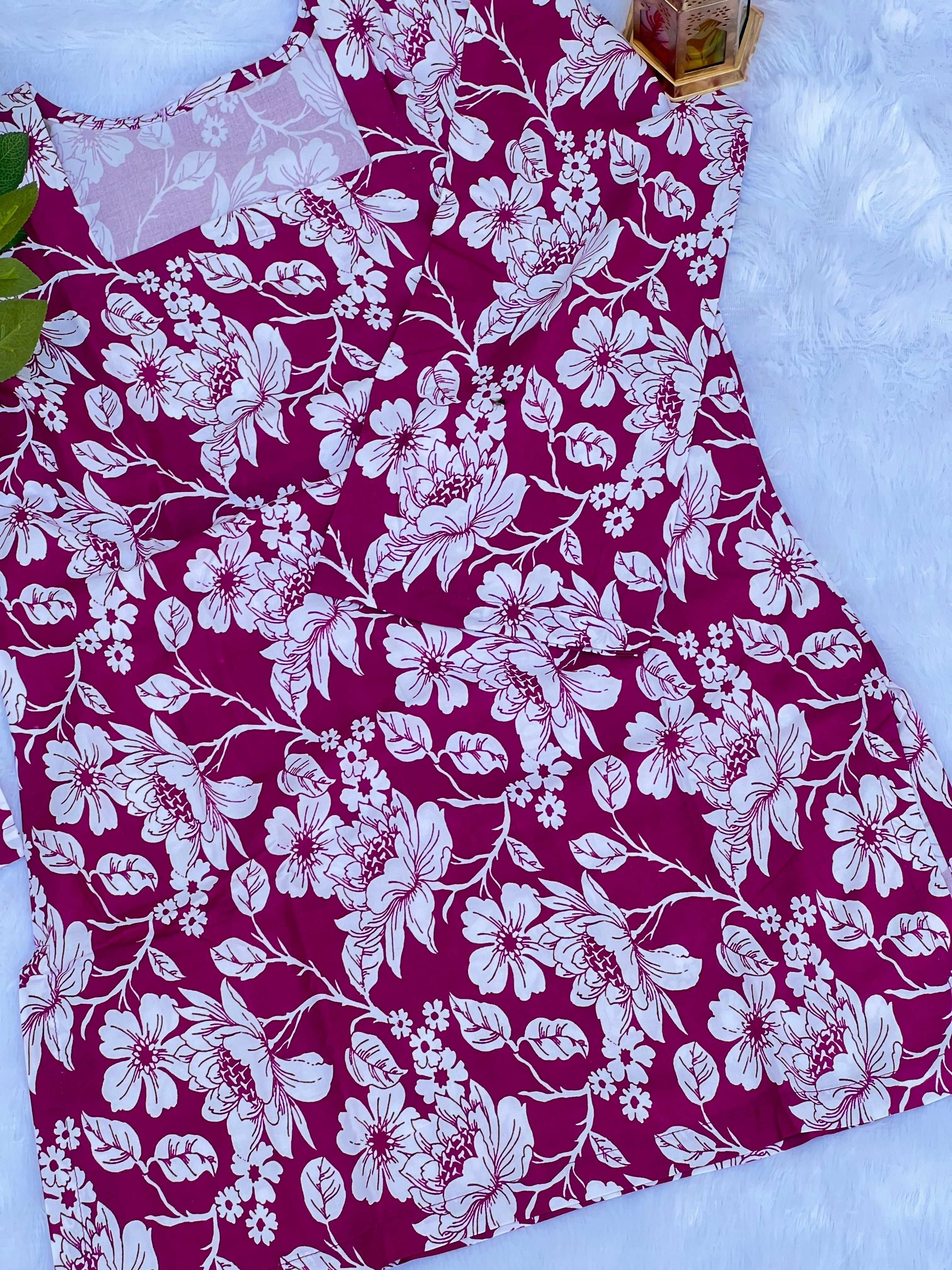 Rani Pink Floral Printed Short Kurti