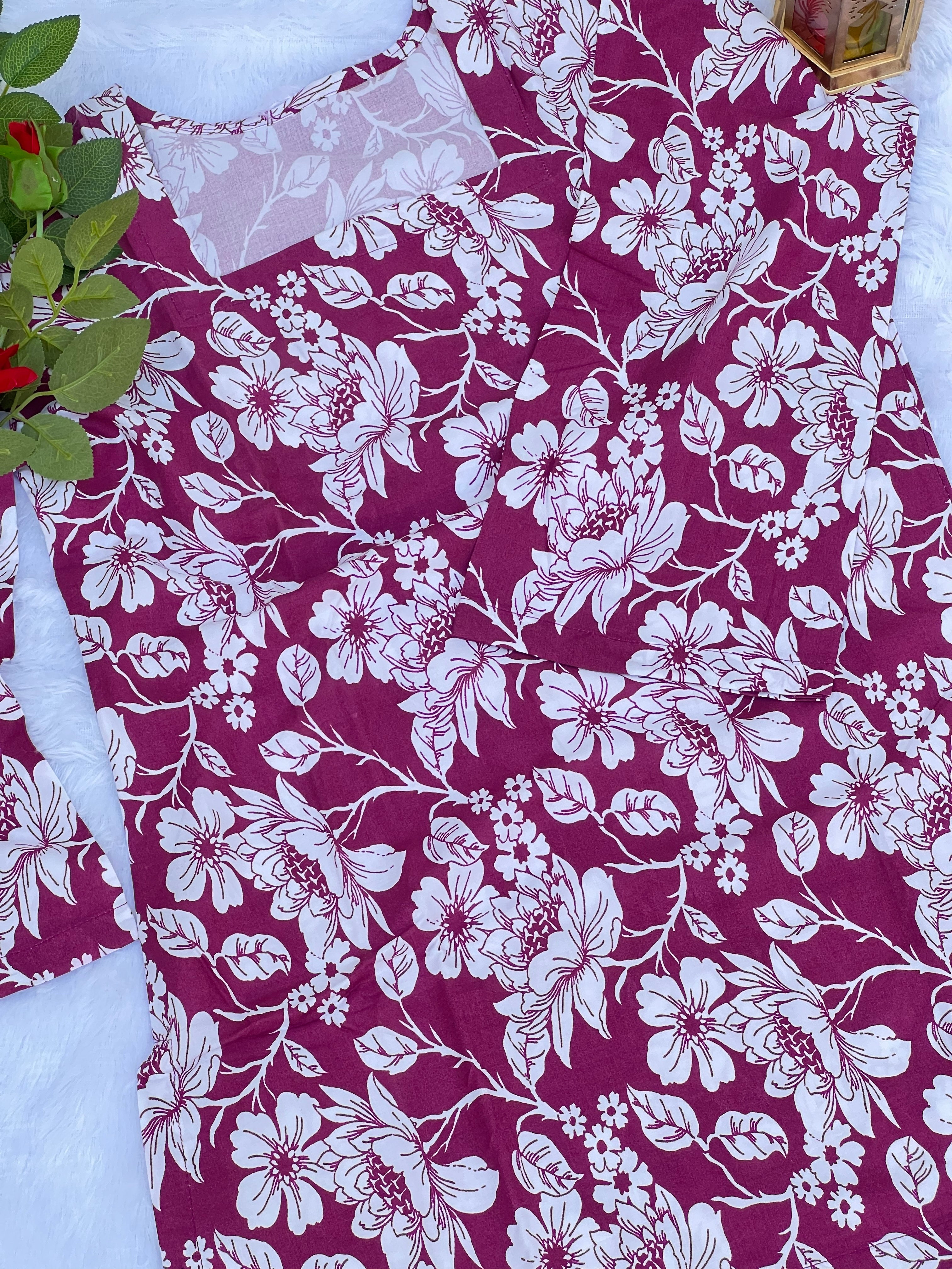 Rani Pink Floral Printed Short Kurti