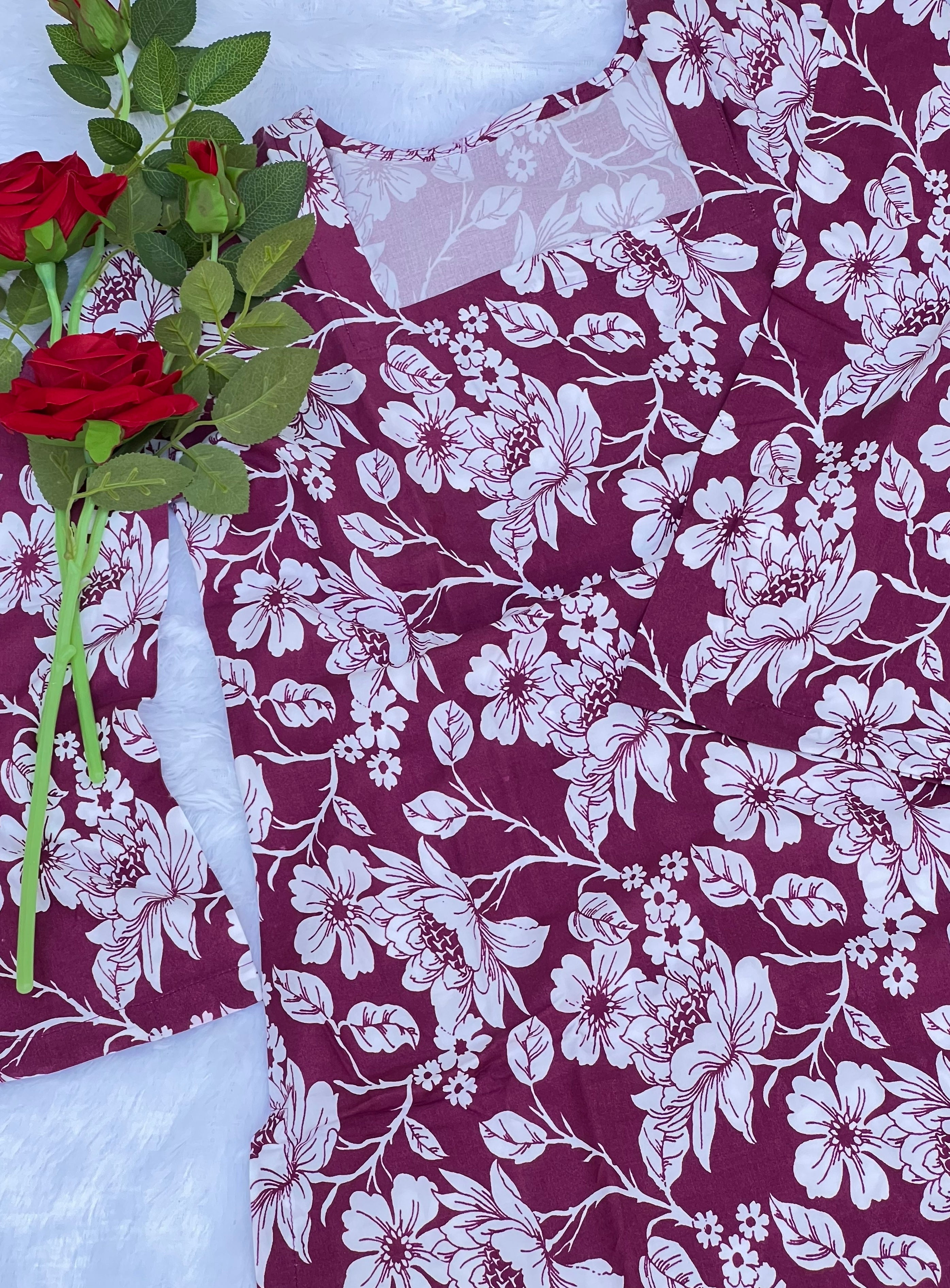 Rani Pink Floral Printed Short Kurti
