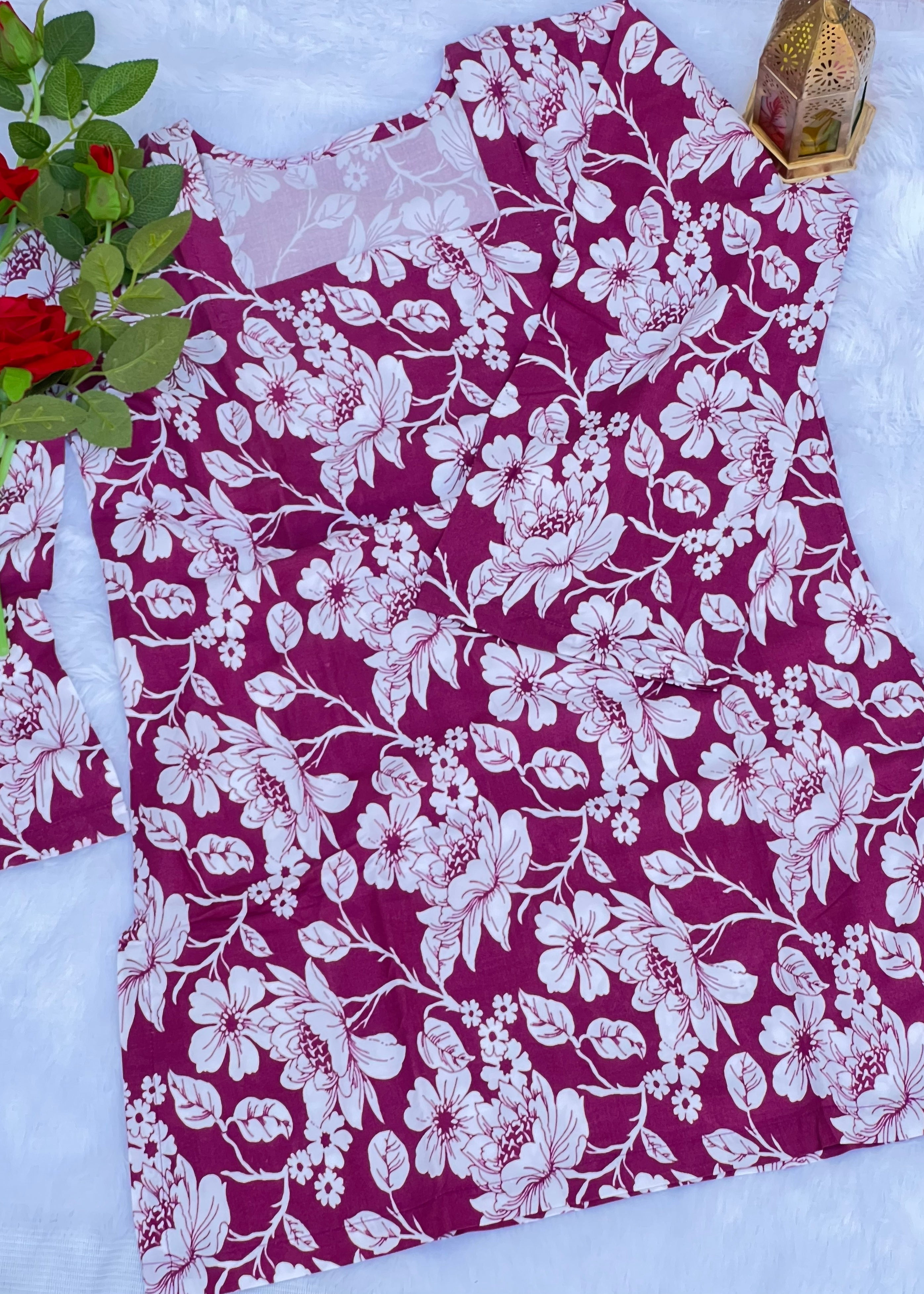 Rani Pink Floral Printed Short Kurti