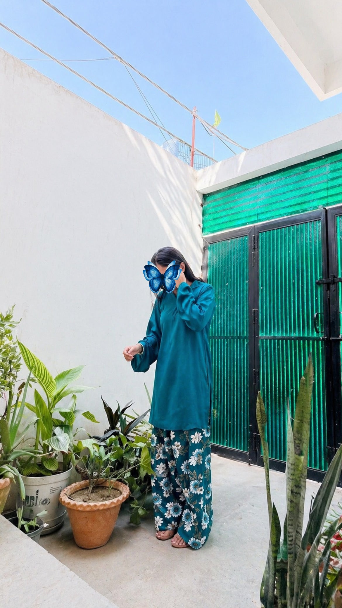 Teal Blue Plain Kurta with Floral Printed Farsi Salwar Set