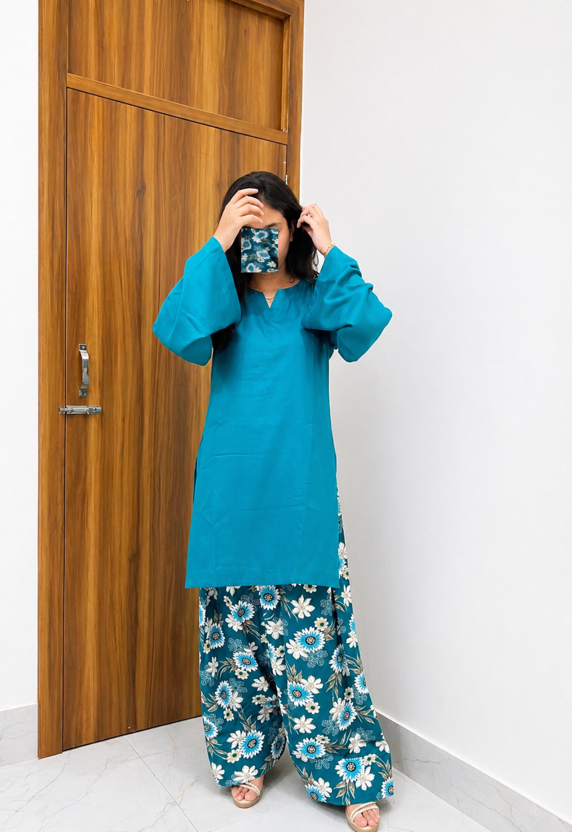 Teal Blue Plain Kurta with Floral Printed Farsi Salwar Set